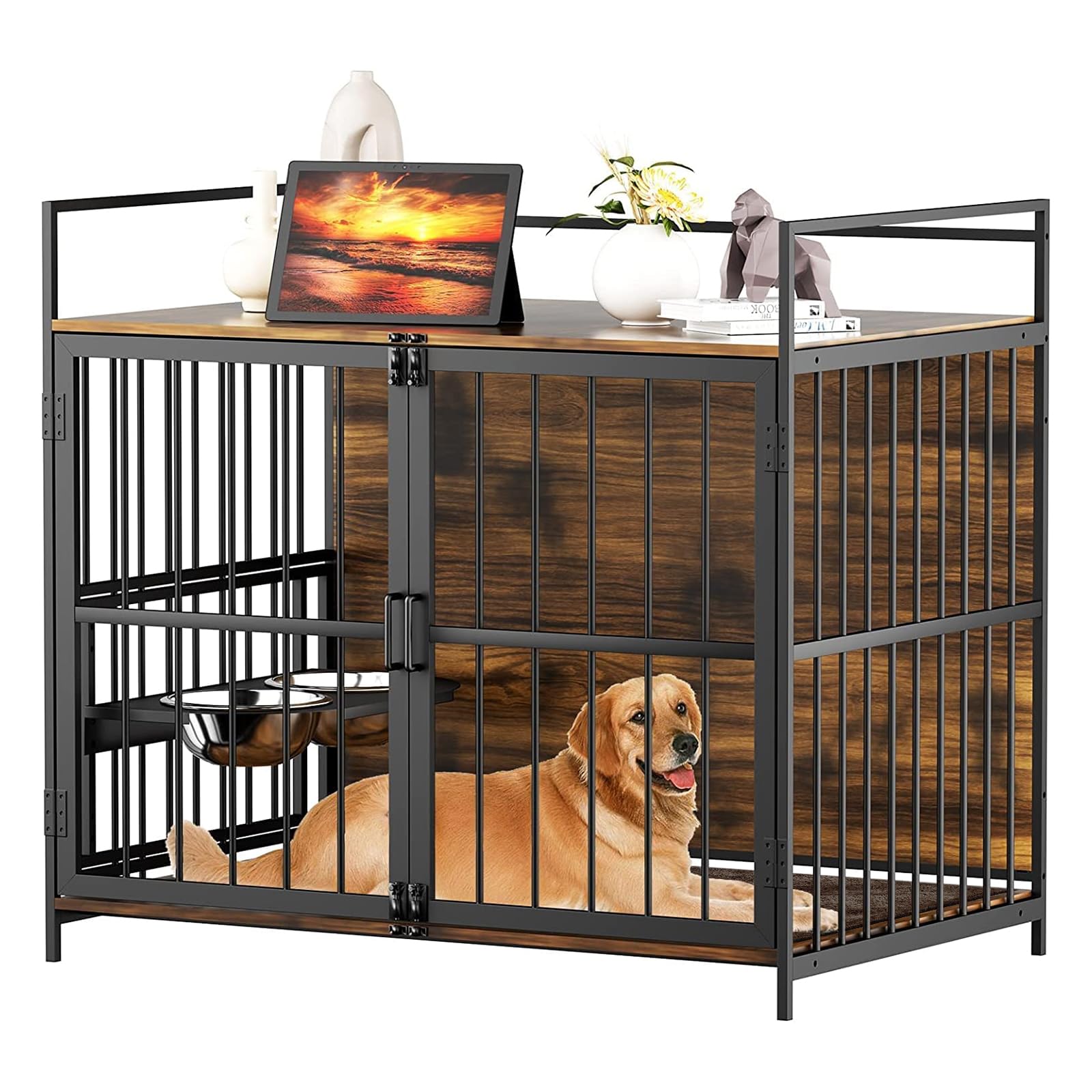 ROOMTEC Furniture Style Large Dog Crate with 360 & Adjustable Raised Feeder for Dogs 2 Stainless Steel Bowls -End Table House Pa