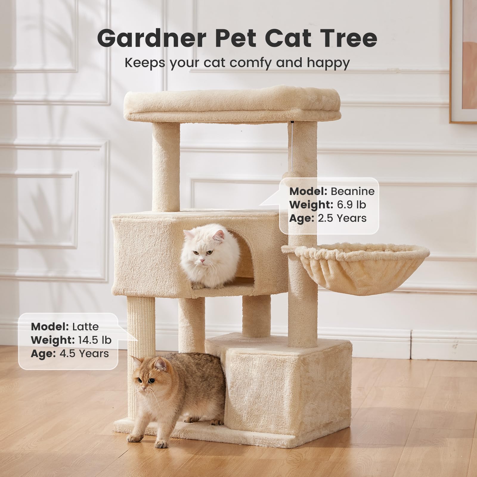 Gardner Pet 41'' Tall Cat Tree For Large Cats, Heavy Duty Cat Tower With 3.2In Posts & Washable Top Perches, Space-Saving Cat Fu