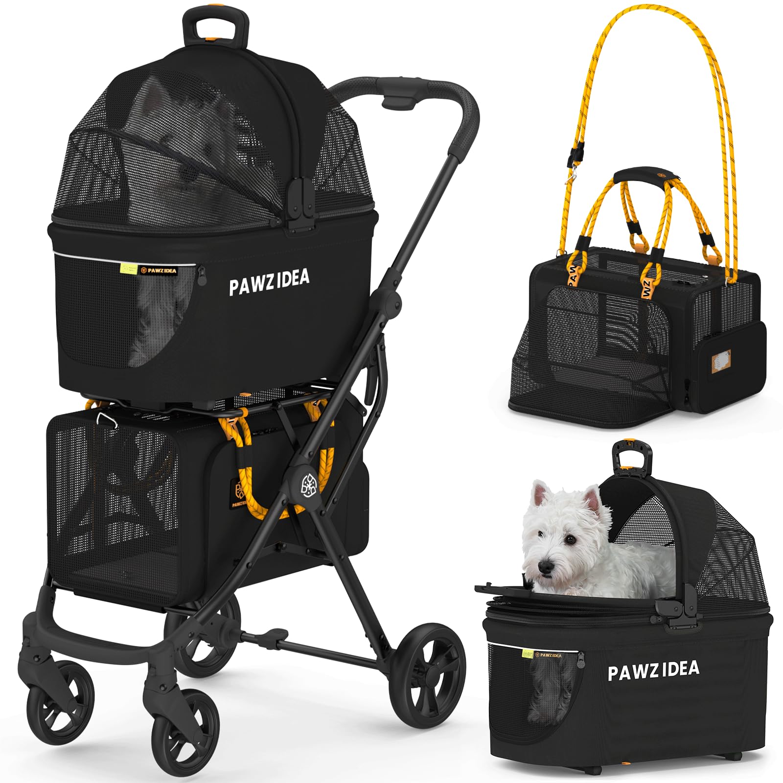 PAWZIDEA Double Pet Stroller with 2 Detachable Carriers, TSA Approved Expandable Cat Carrier Bag, Double Dog Stroller with Remov