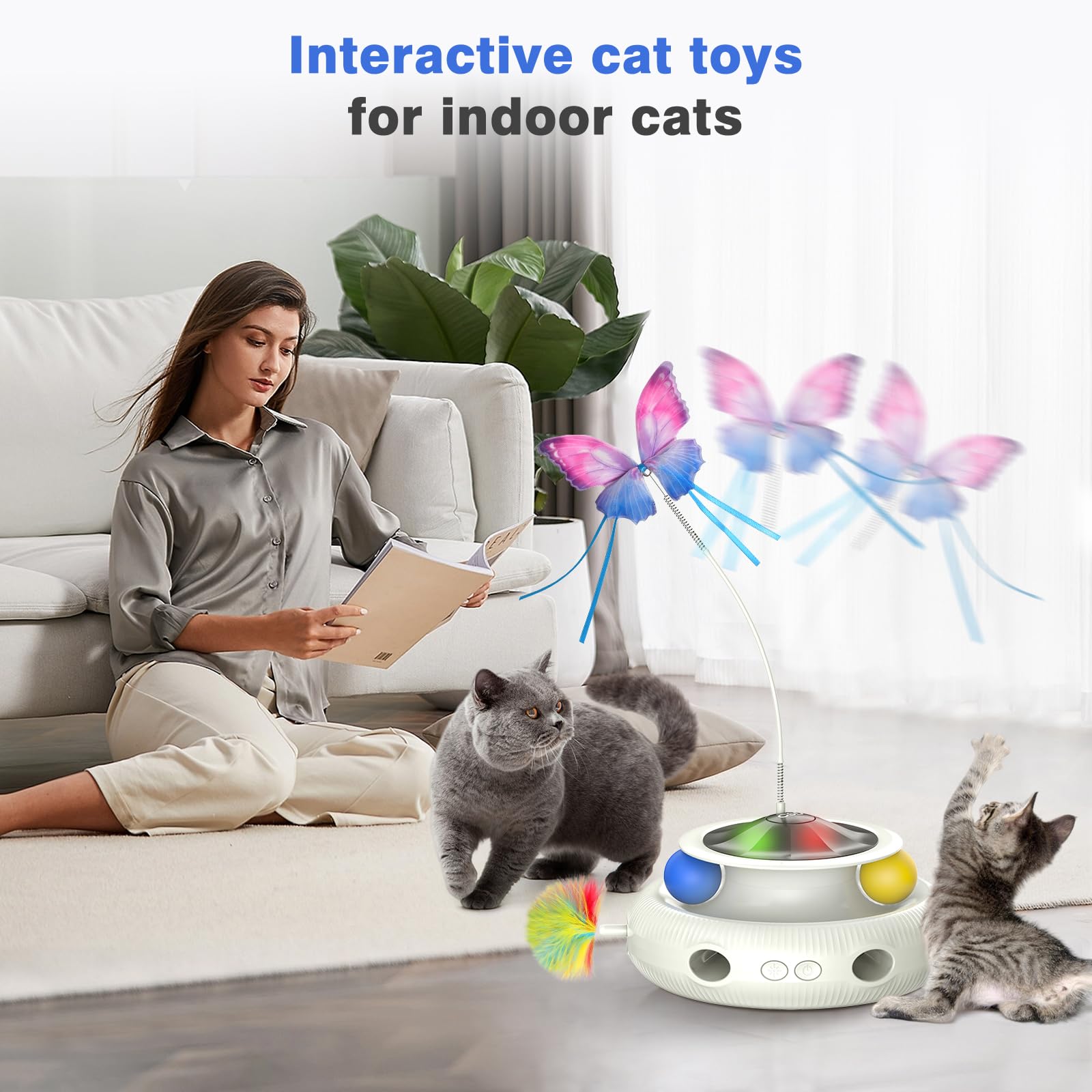 Automatic Interactive Cat Toys For Indoor Cats & Bored Adults - Kitten Toys With Fluttering Butterfly, Ambush Feather & Track Ba