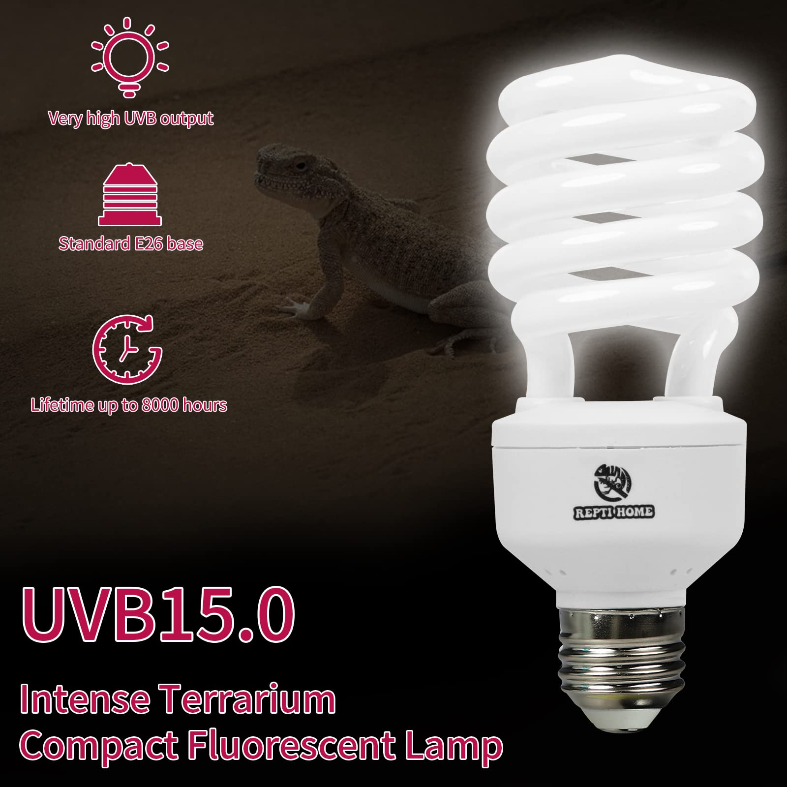 Repti Home Uvb Reptile Light 15.0, 13W Intense Uva Uvb Bulb For Reptiles, Terrarium Compact Fluorescent Lamp, Reptile Uvb Light Bulb For Desert Reptiles & Amphibians