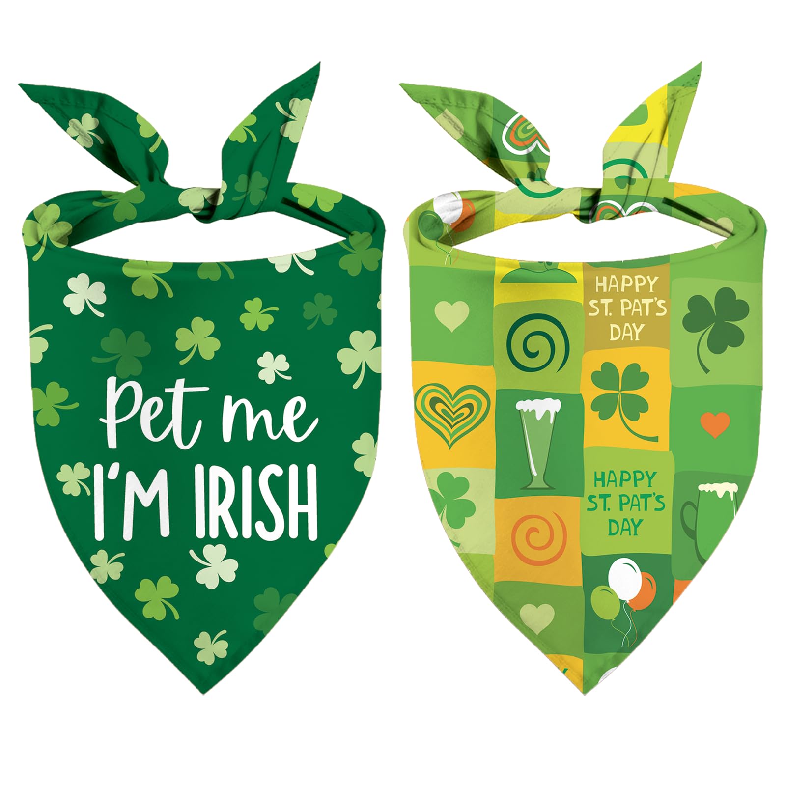 St Patricks Day Dog Bandanas - Lucky Shamrock Puppy Scarf - 2 Pcs Adjustable Triangle Double Layer Reversible Pet Bandanas For S