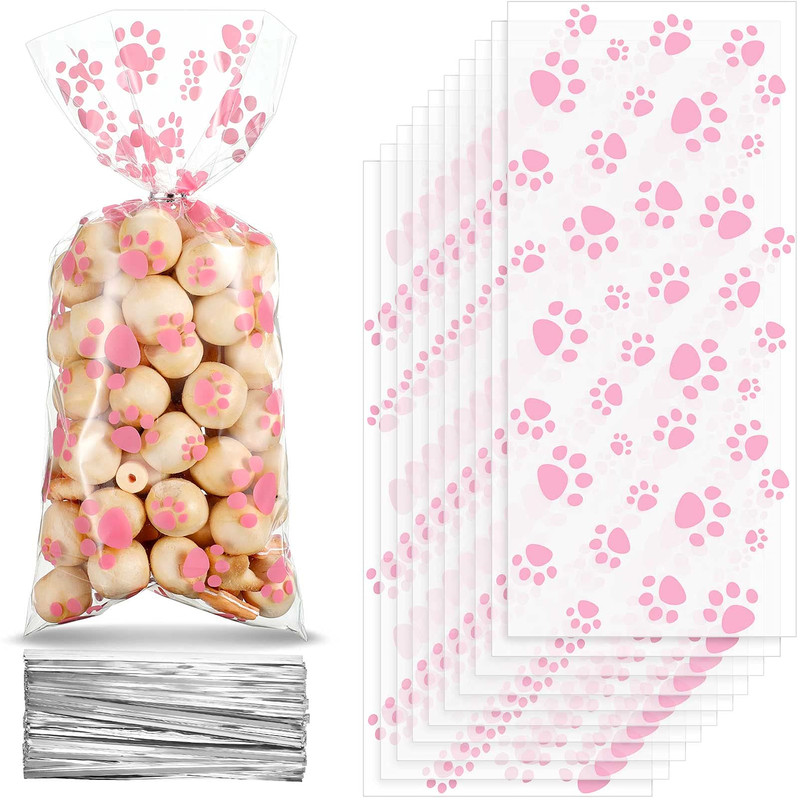 Blulu 100 Pieces Pet Paw Cone Cellophane Bags Heat Sealable Candy Dog Paw Gift Cat Treat Bags With 100 Pieces Silver Twist Ties 