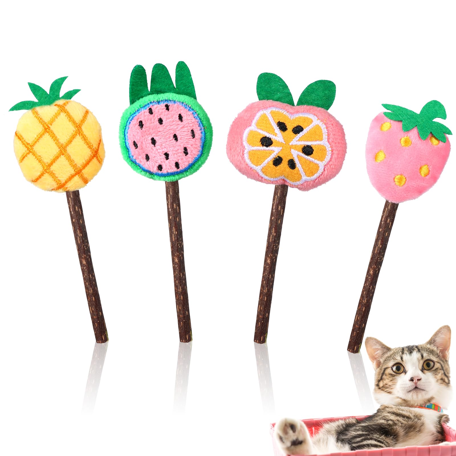 Ptwola 4 Pcs Natural Fruit Silvervine Sticks Cat Kittens Chew Toys Indoor Lollipops Interactive Cat DentalTeething Nip Treat Toy