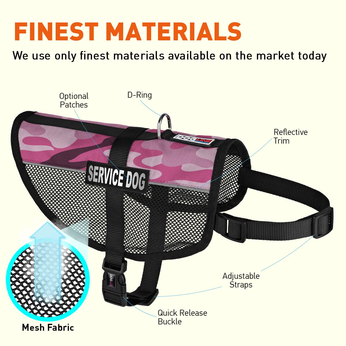 Dogline Maxaire Vest Service Dog Removable Patch Adjustable Harness Reflective With Service Dog Id Card For Puppies Small Medium And Large Dogs 22 By 29 Inch Pink Camo