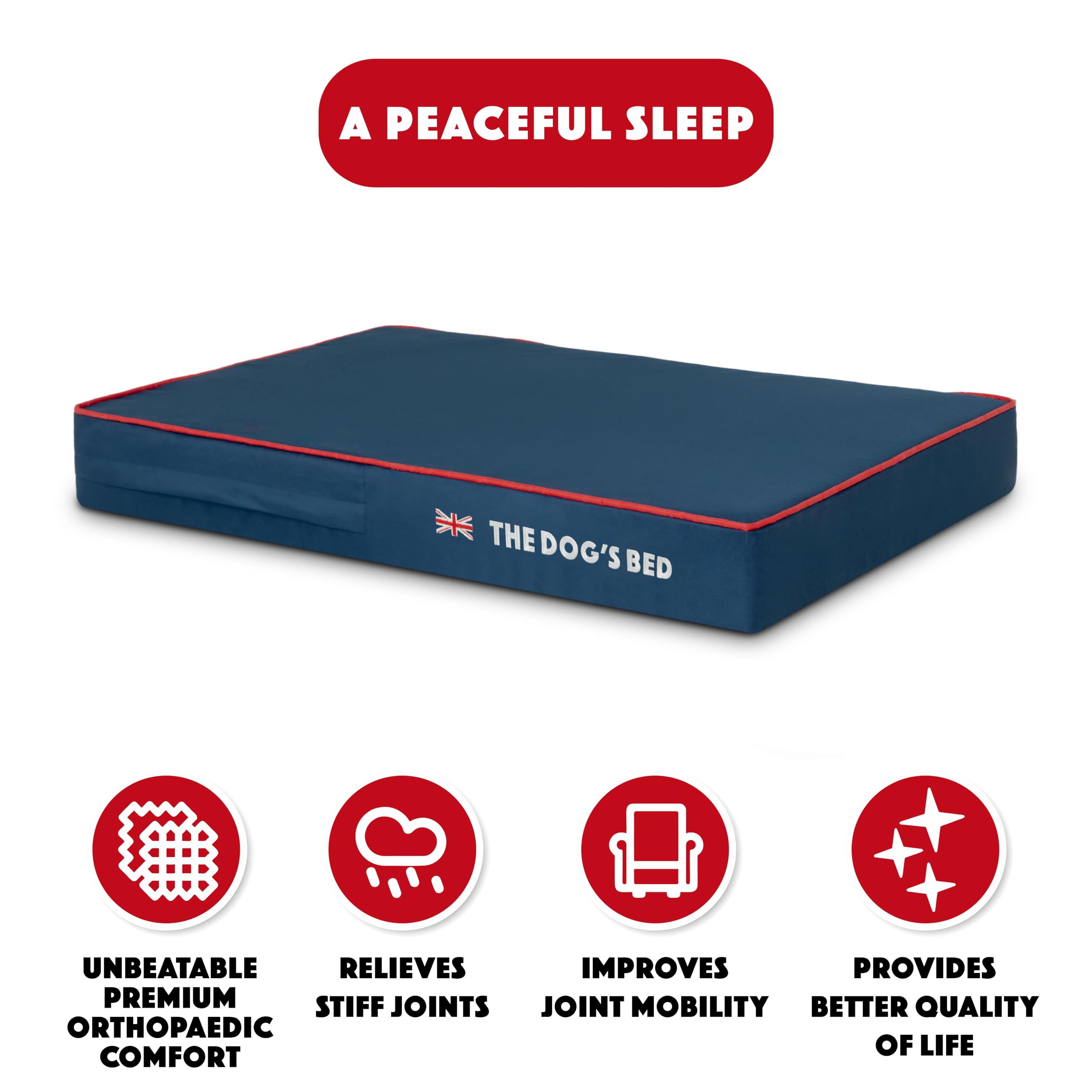 The Dog's Balls Orthopedic Memory Foam Dog Bed, Medium 34x22, Blue with Red Trim UK Flag, Waterproof, Pain Relief for Arthritis
