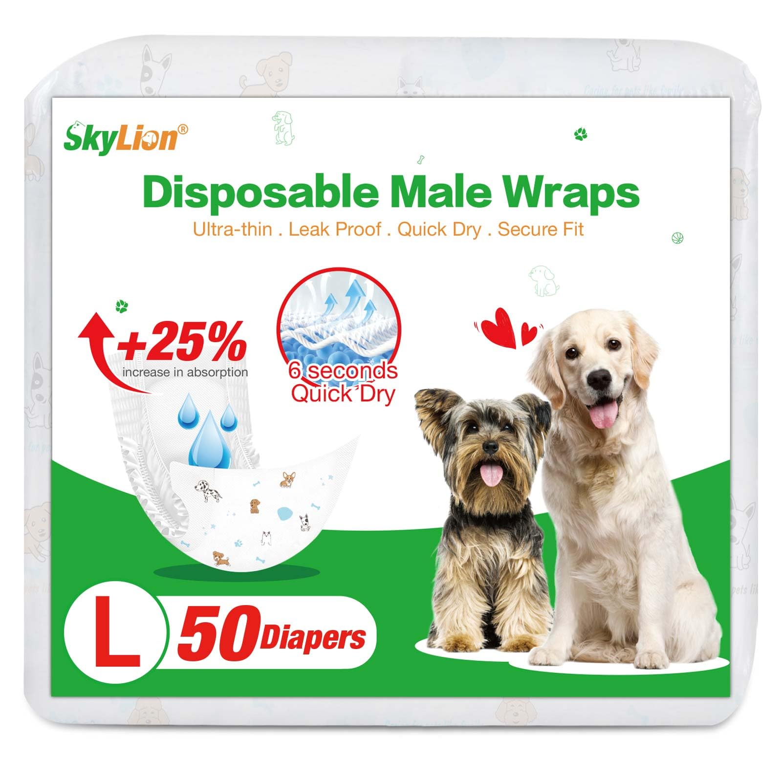 Dog Diapers Male Disposable Super Absorbent, 50 Count, Male Dog Wraps Leak Proof, Ultra Dry & Breathable, Large