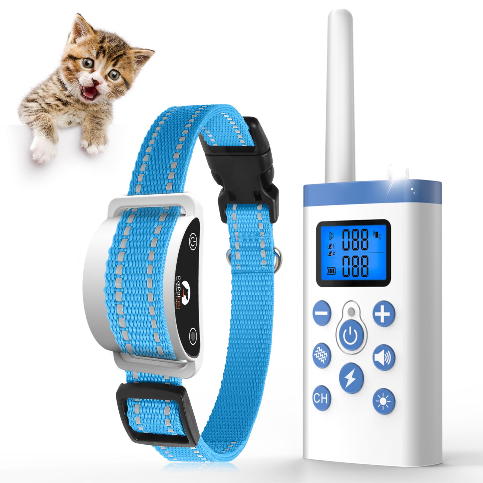 Paipaitek Cat Shock Collar With Remote, Cat Training Collar With Auto Anti-Meow, Beep, Vibration, Safety Shock 4 Modes For Bad B