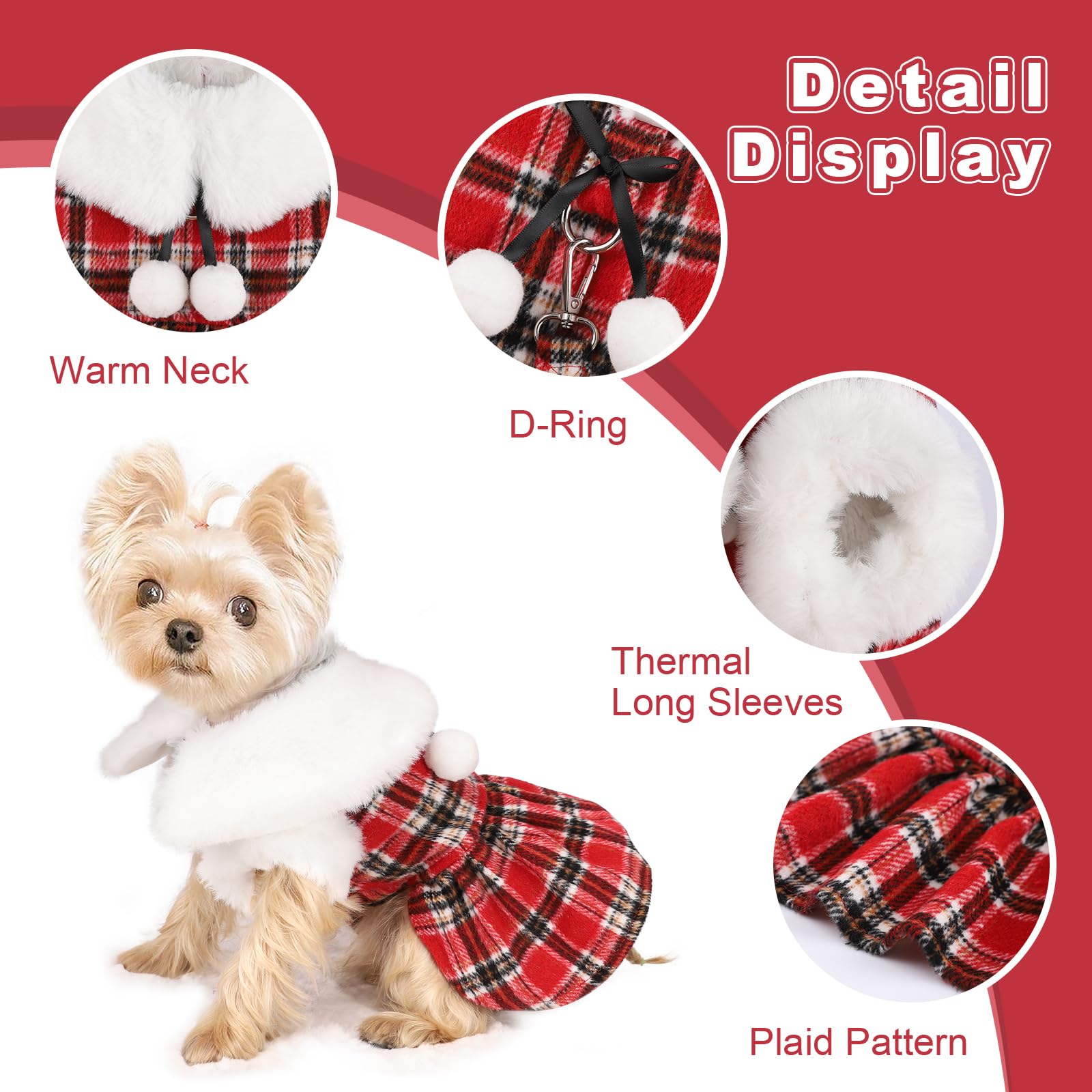 Dog Sweater With Leash Set D Ring Plaid Fleece Dog Clothes For Small Dogs Girl Boy Winter Pet Dress, Cold Weather Dog Coat Fall