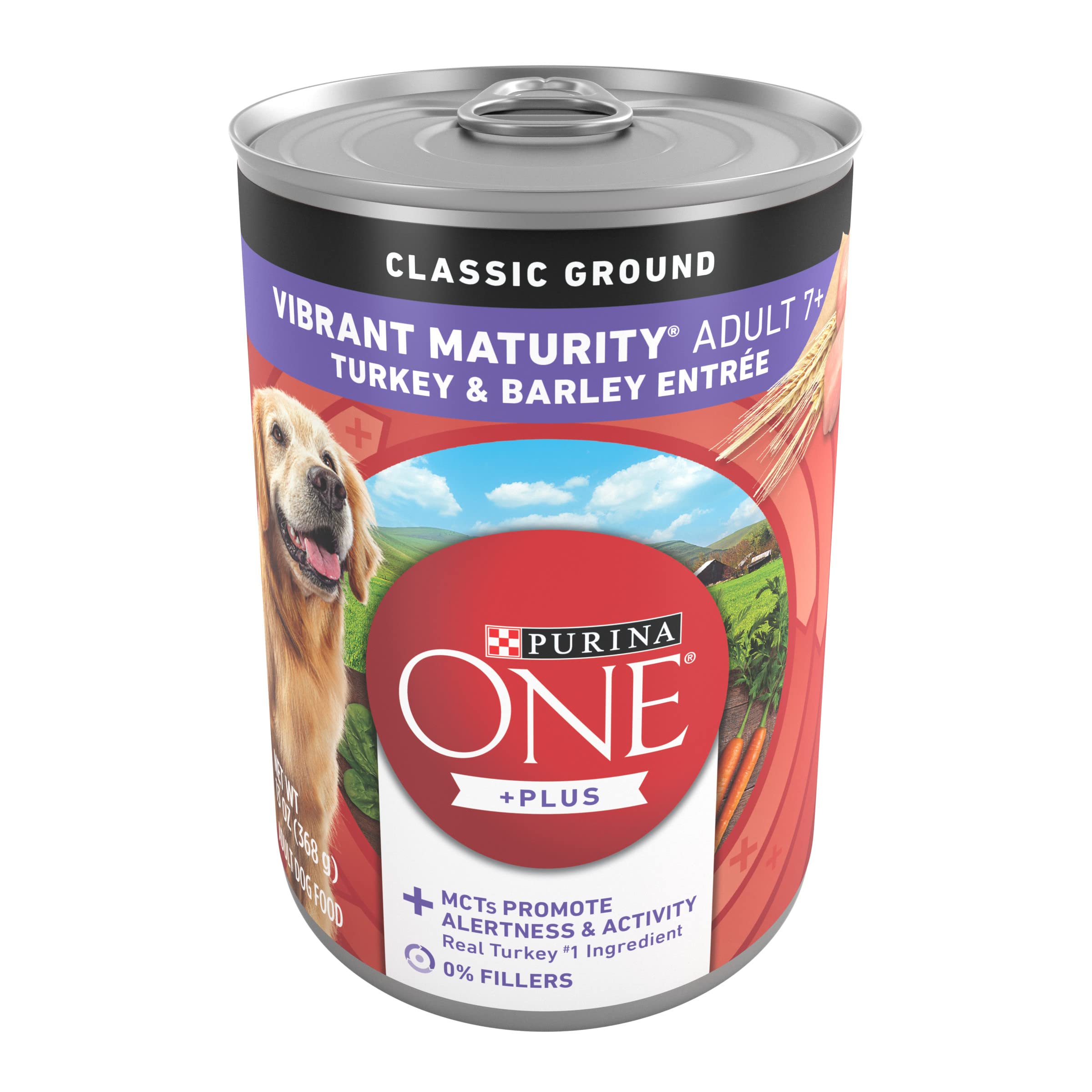 Purina ONE Plus Classic Ground Vibrant Maturity Adult 7 Plus Turkey And Barley Entree Senior Dog Food - (Pack of 12) 13 oz. Cans