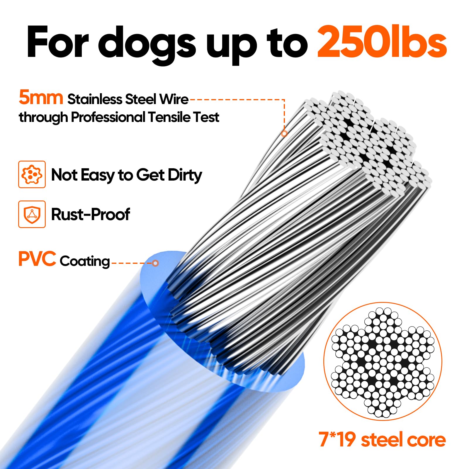 Tresbro 30Ft Reflective Tie Out Cable For Dogs Up To 250 Pounds, Steel Wire Lead Leash Cable With Stainless Rotatable Clip, Ligh