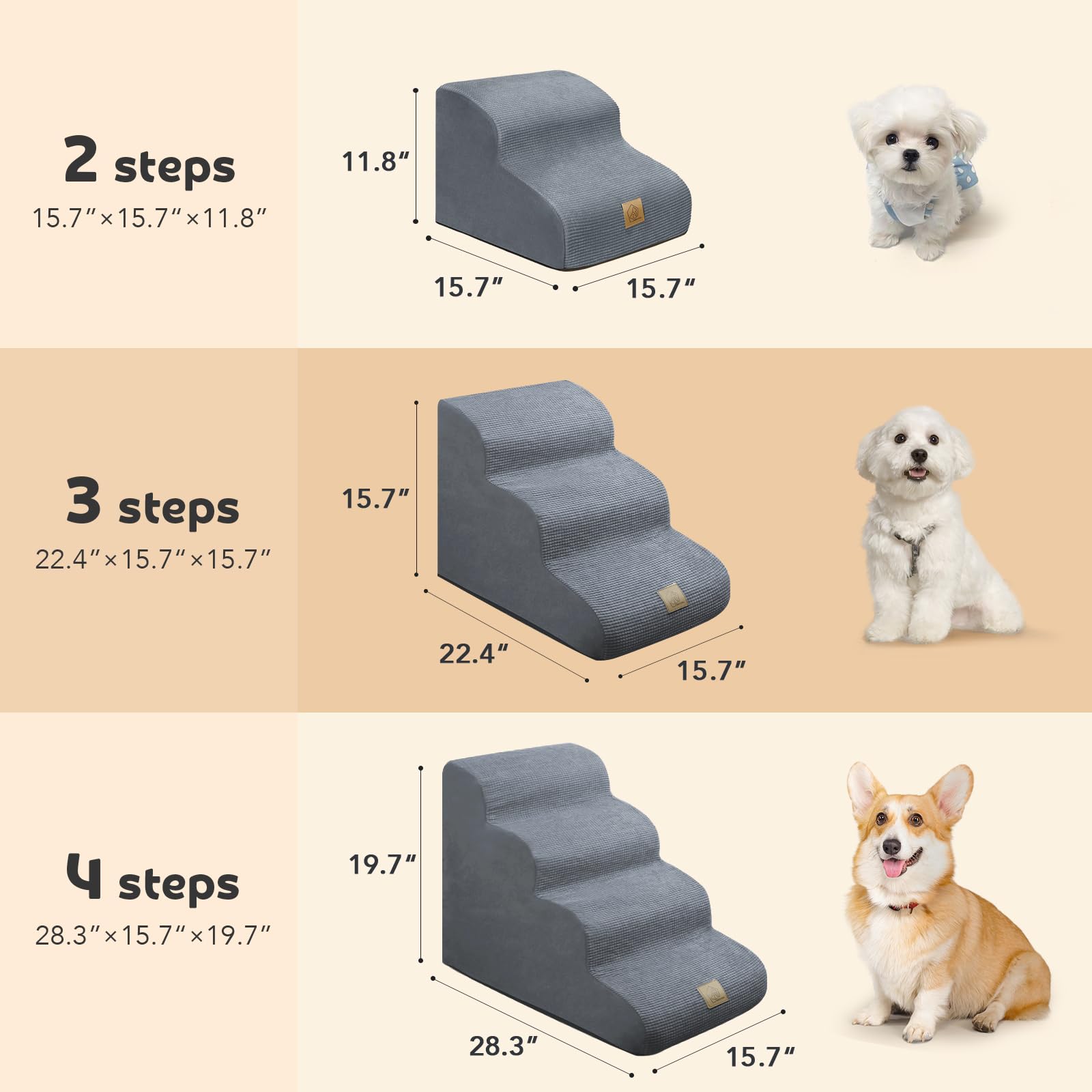 3-Tiers Foam Dog Stairs For High Sofa Bed Couch, High Density Foam Steps Stairs For Indoor,Dog Stairs Ladder Ramp Non Slip For Old Small Dogs Easy Access,60 Lbs Support,Free 3 Pcs Lint Roller Set