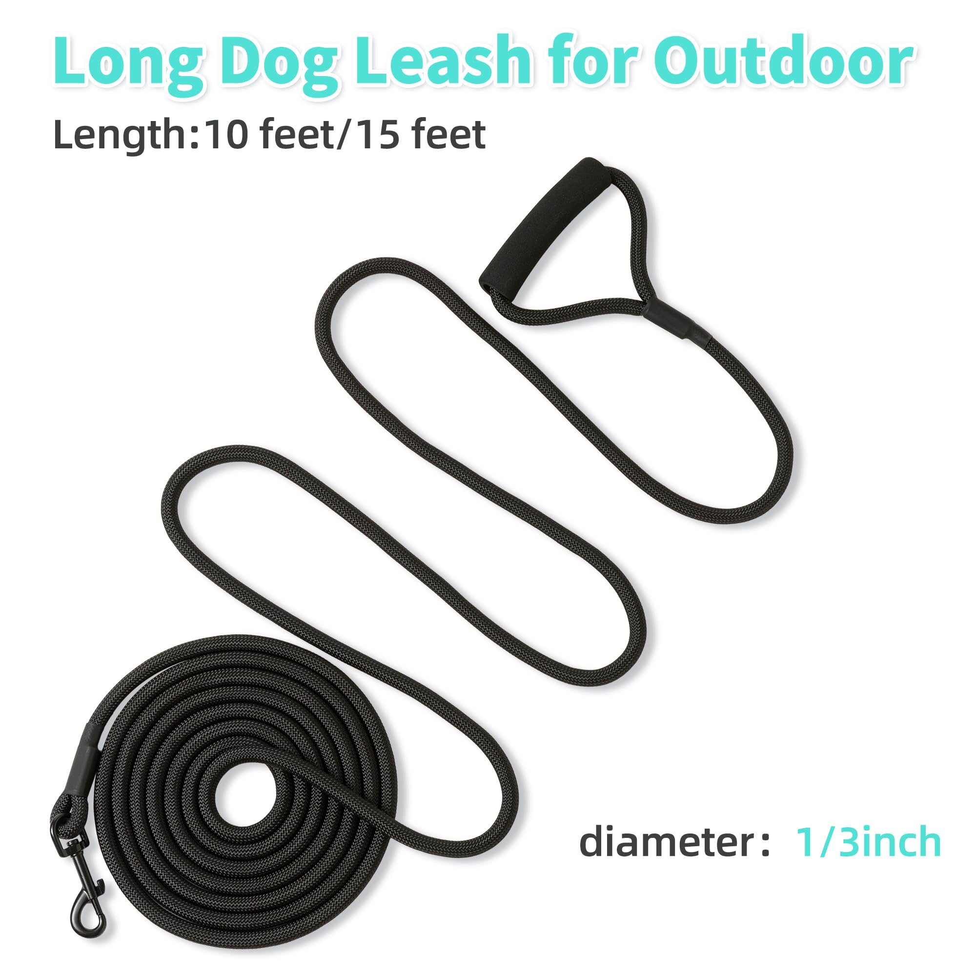 Mile High Life Long Dog Leash, With Comfortable Padded Handle, Black Nylon Rope Leash With Steel Tips, Heavy Duty 15 Feet Pet Le
