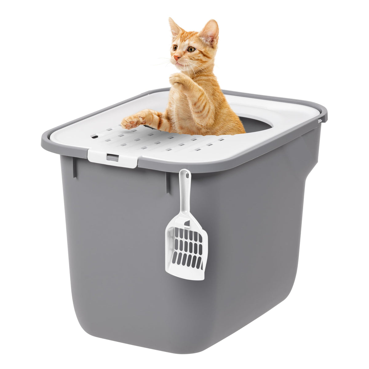 Iris Usa Cat Litter Box, Large Cat Box Enclosure, Top Entry With Litter Catching Lid, Enclosed With Scoop, Gray/White