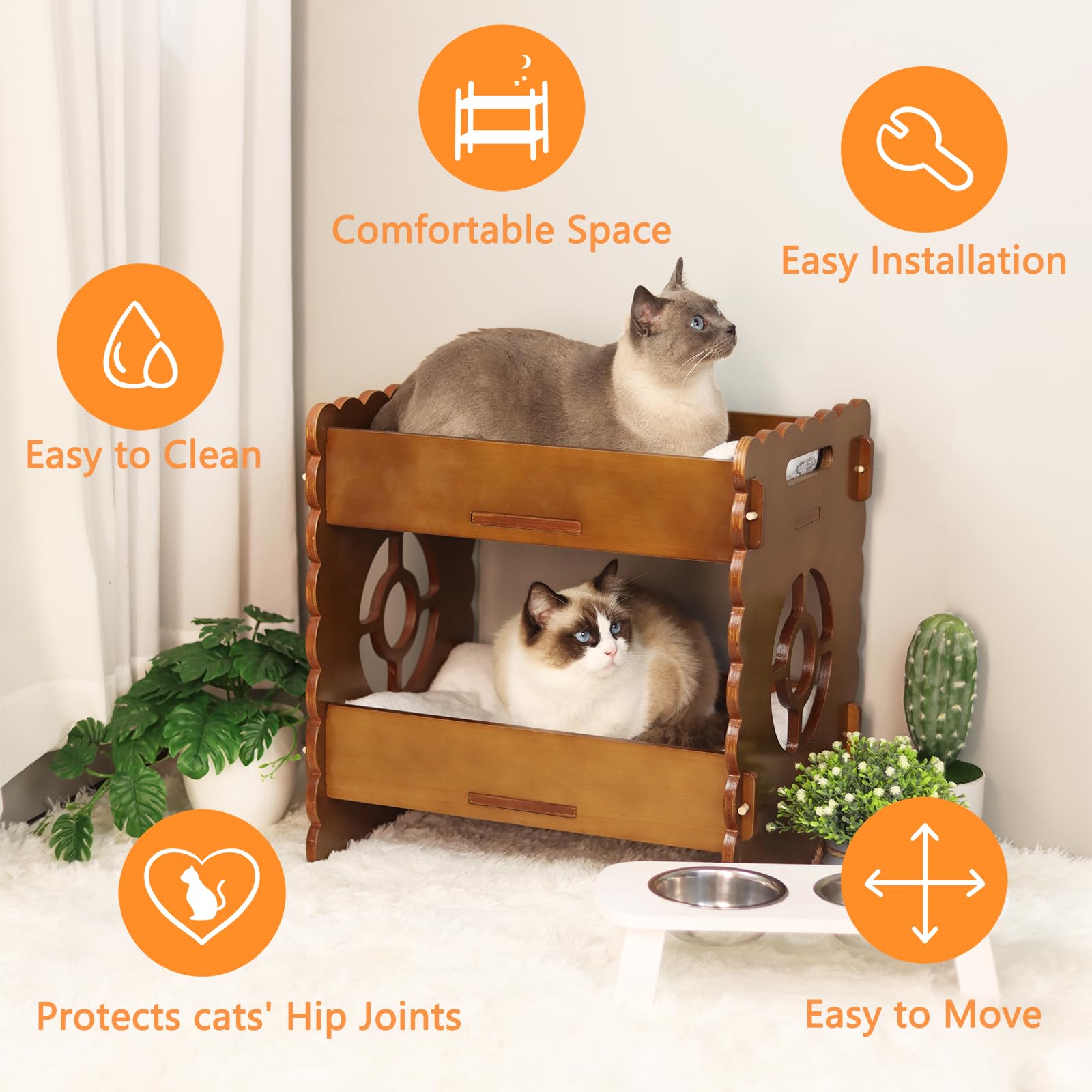 Ankuliy Wooden Cat Bed,Elevated Cat Bed Furniture,Cat Bunk Beds For 2 Indoor Cats,Wood Cat Condo With Mattress,Protect Cat'S Hip