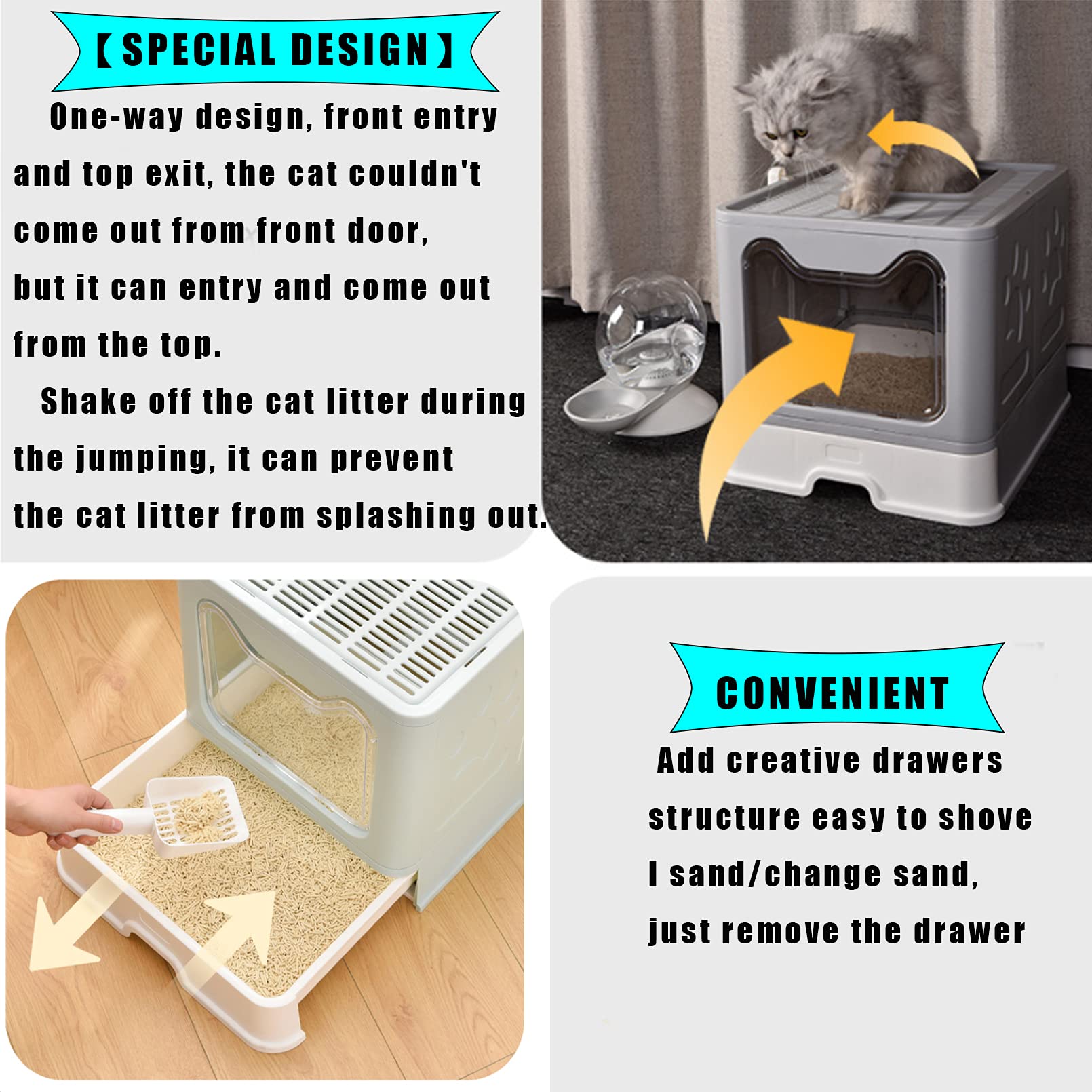 Hamiledyi Foldable Large Cat Litter Box Enclosed Cat Potty With Drawer Top Entry Type Anti-Splashing Cat Toilet With Lid And Cat Litter Scoop No Smell Cat Supplies For Cats And Kittens-Gray