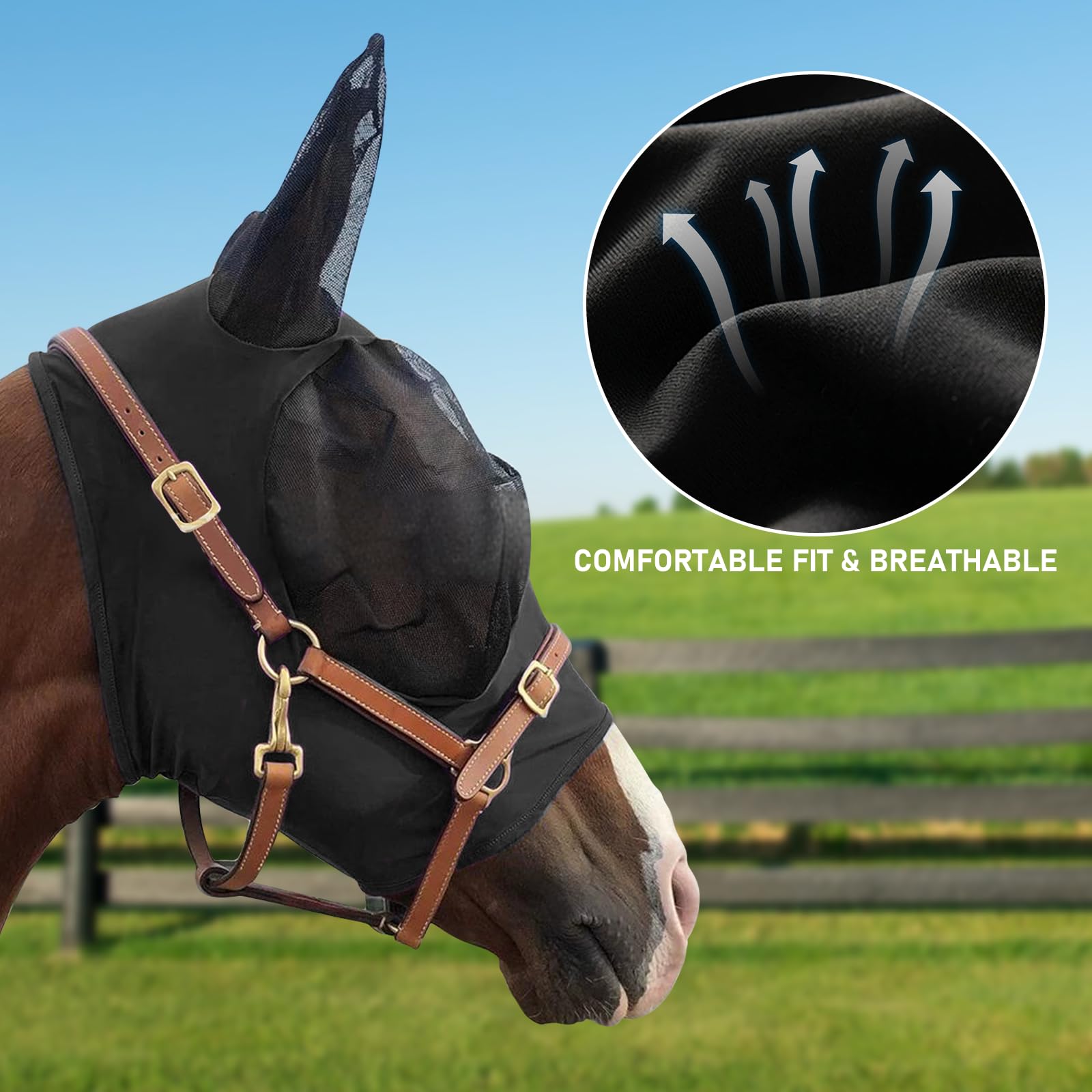 HUIKANGSHENG Horse Fly Mask with Ears Fit for Pony - Equine Fly Mask for Horses with Sunlight Protection, Large Eye Space with B