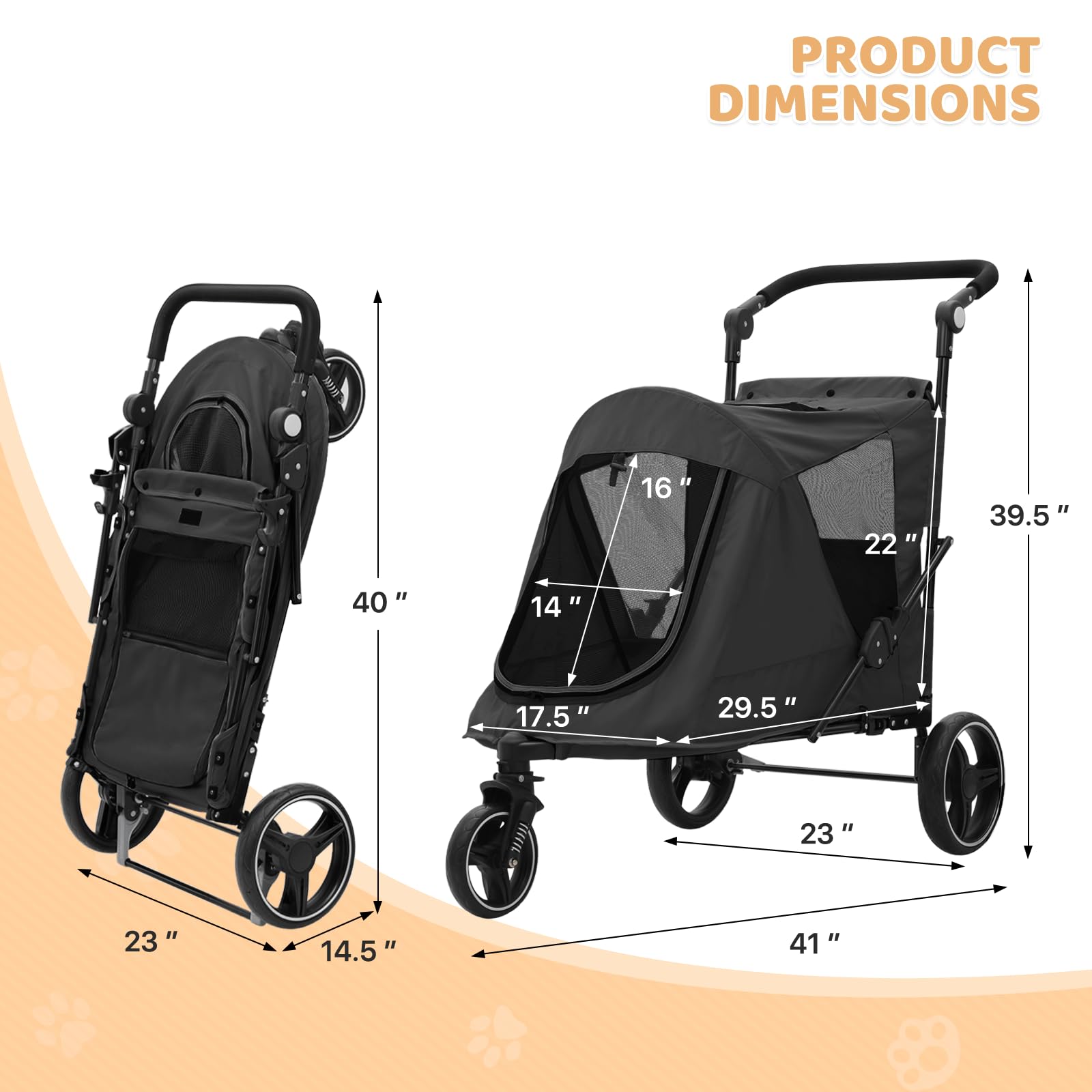 Magshion Pet Stroller For Medium Dogs W/Adjustable Handle, 3-Wheel Dog Cat Wagon W/Dual Entry, Rear Storage, Breathable Mesh, On