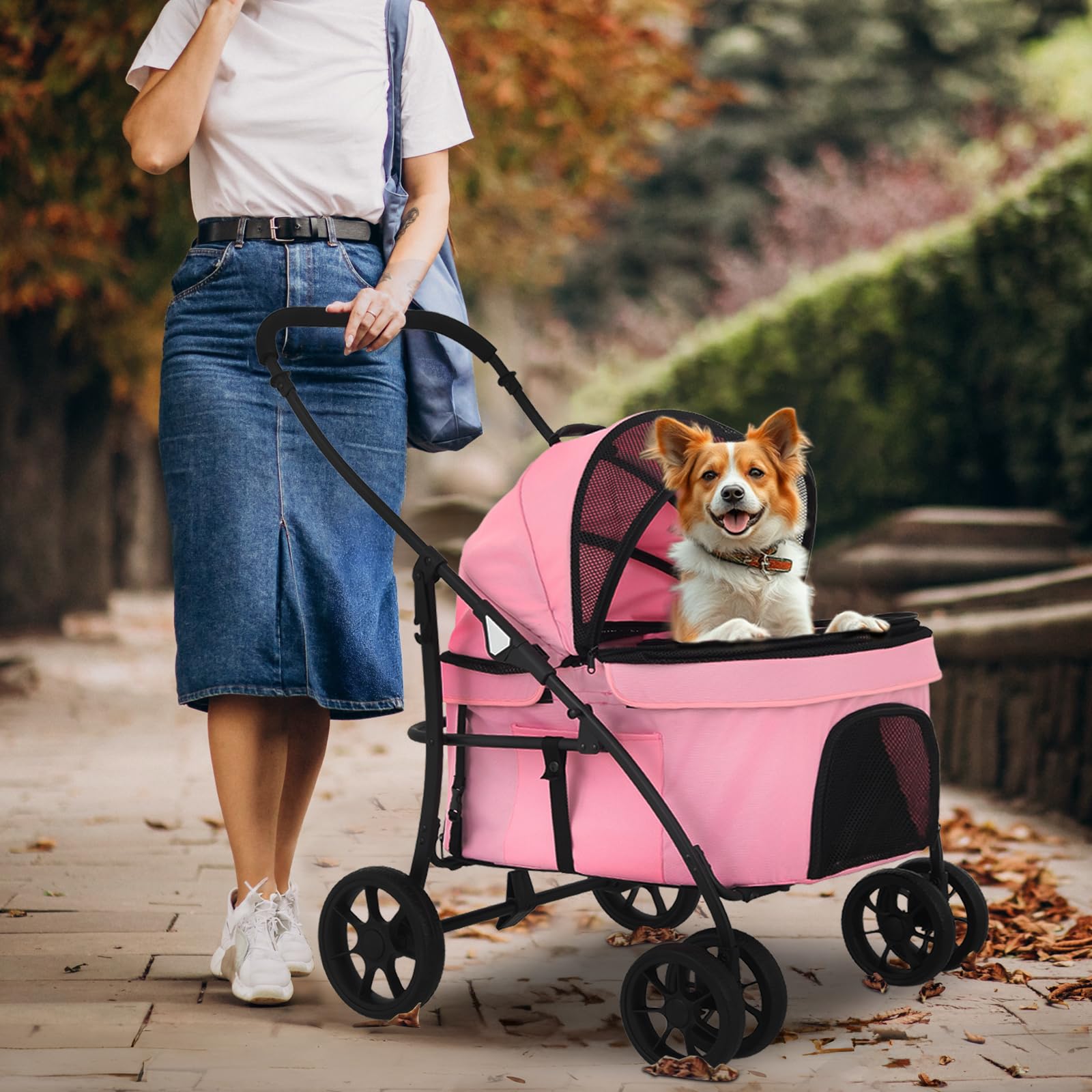 Magshion Pet Stroller For Medium Dogs & Cats Up To 45Lbs, 4 Wheels Foldable Dog Travel Cart W/Detachable Carrier, Sun Cover, Bre