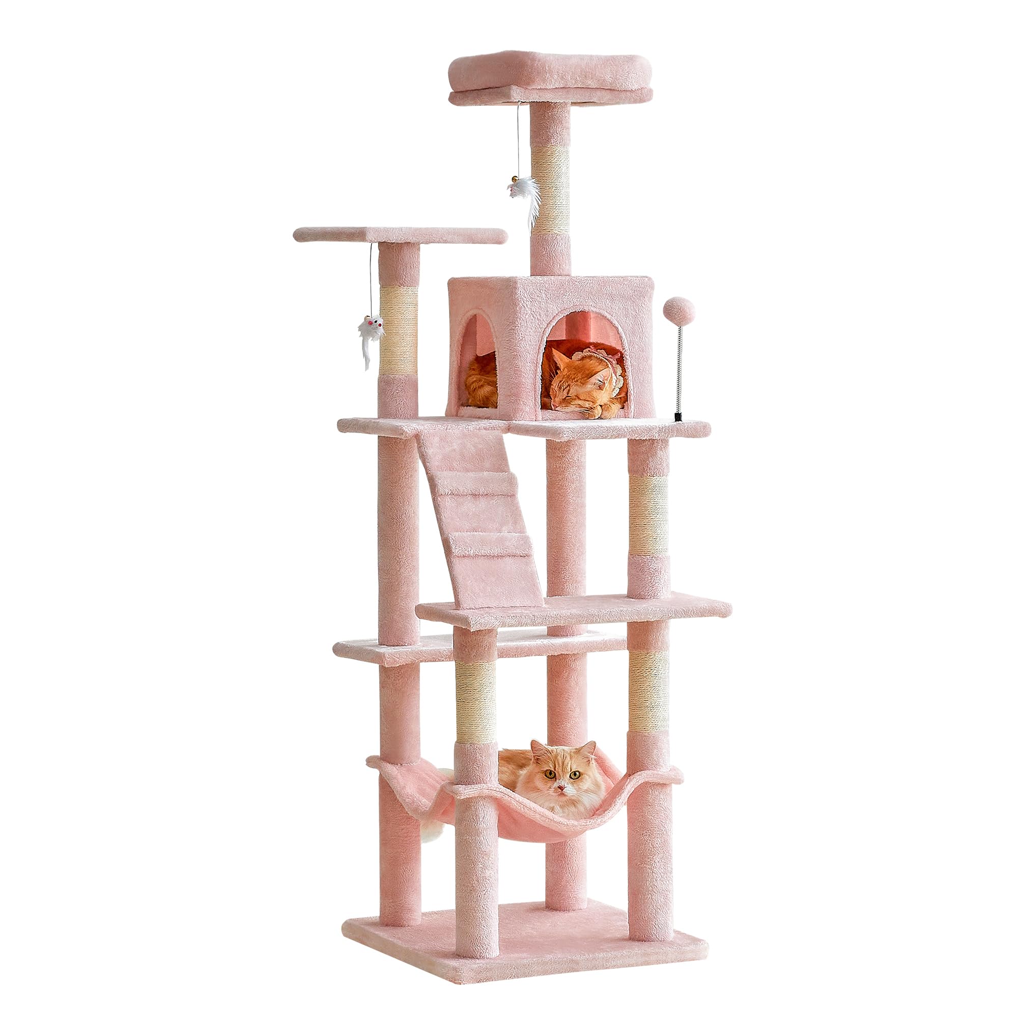 Mwpo 63.8-Inch Pink Cat Tree For Indoor Cats, Multi-Level Cat Tower With Sisal-Covered Scratching Posts, Padded Platform, Hammock, Dangling Toys, Stable Cat Condo Pet Play House