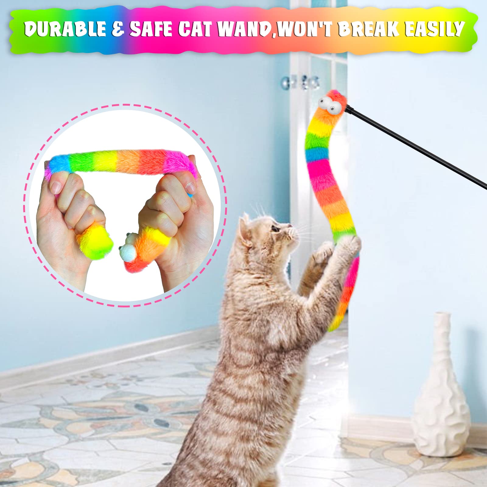 Lepawit 3 Pack Cat Wand Toy, Rainbow Cat Feather Toys With Bells, Teaser Wand With Soft Furry Tail, Interactive Toys For Indoor