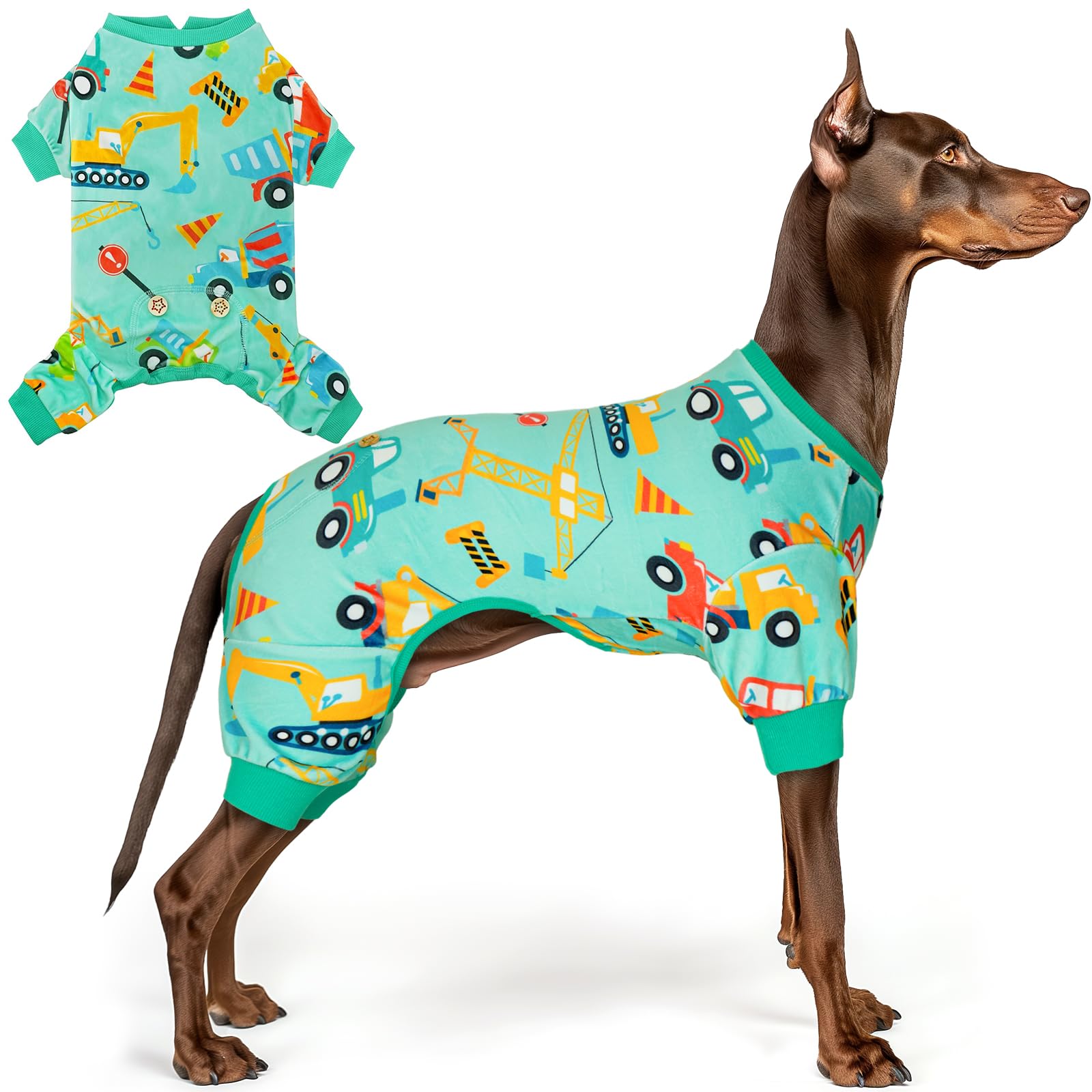 Kyeese Dog Pajamas Velvet Dog Pajamas Large Sized Dogs Soft Dogs Clothes Pjs With Construction Vehicles Pattern Stretchy Pet Jam