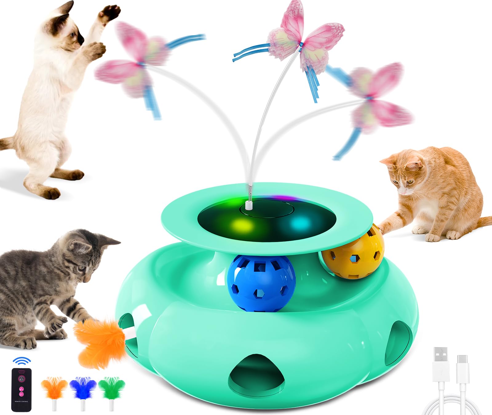 Xuyub Cat Toys Interactive Rechargeable 3In1 Whack A Mole Cat Toy, Fluttering Butterfly, Track Balls, Touch Activated Automatic 