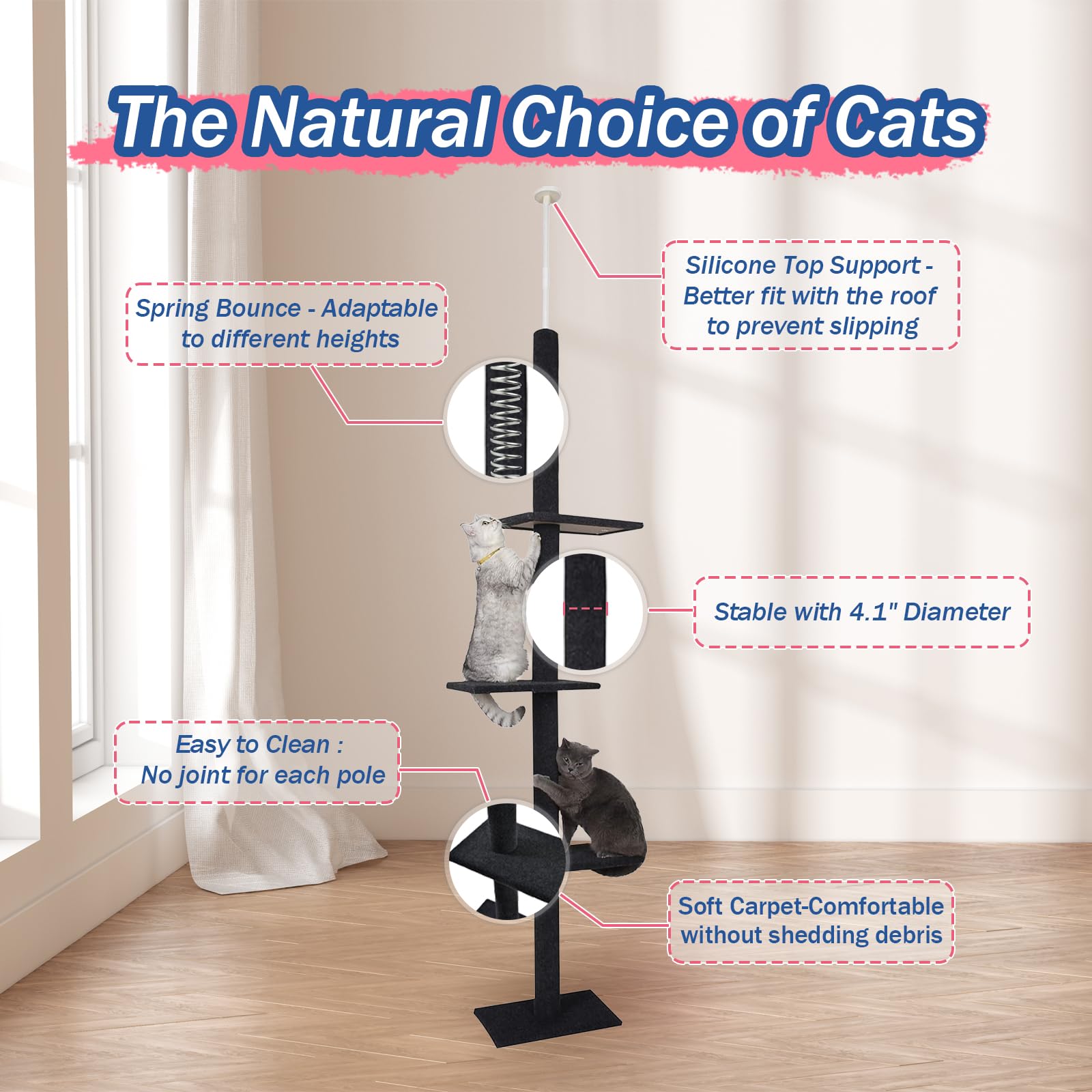 Max & Marlow Cat Tree Floor to Ceiling Cat Tower Height 95-108 Adjustable Kitten Tree Tall Climbing Tree with Carpet Scratching