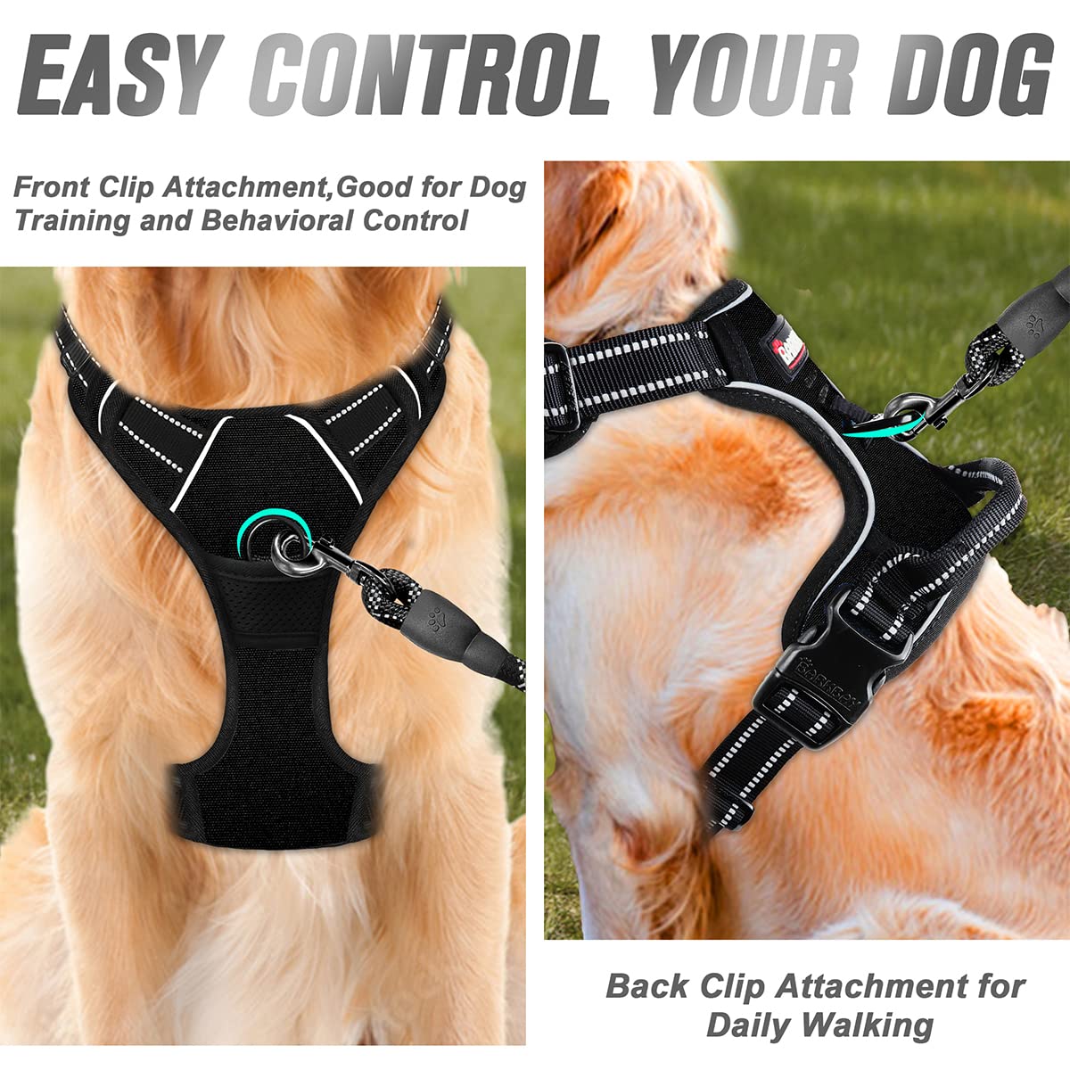 Barkbay No Pull Dog Harness Front Clip Heavy Duty Reflective Easy Control Handle For Large Dog Walking(Black,M)