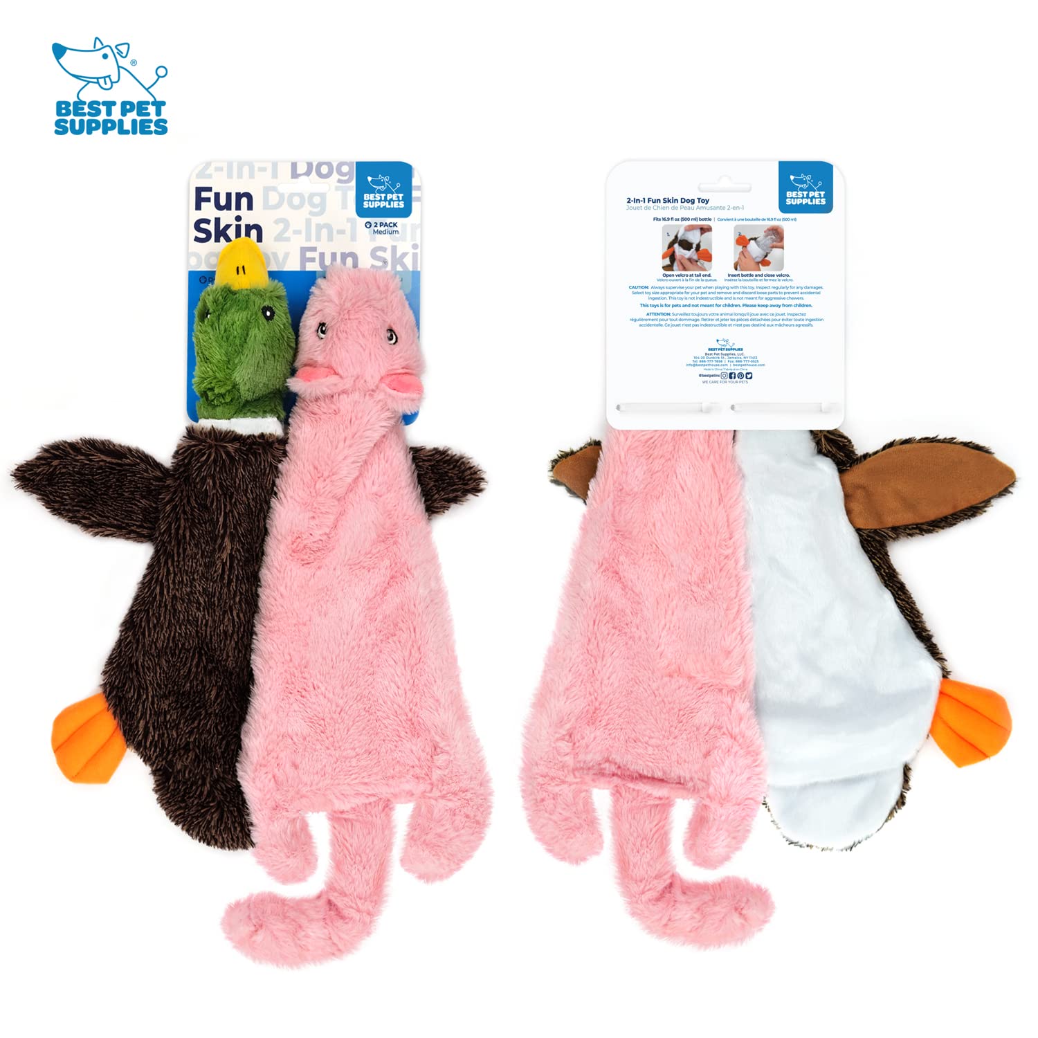 Best Pet Supplies 2-In-1 Stuffless Squeaky Dog Toys With Soft, Durable Fabric For Small, Medium, And Large Pets, No Stuffing For Indoor Play, Holds A Plastic Bottle - 1Wild Duck, Pig, Medium