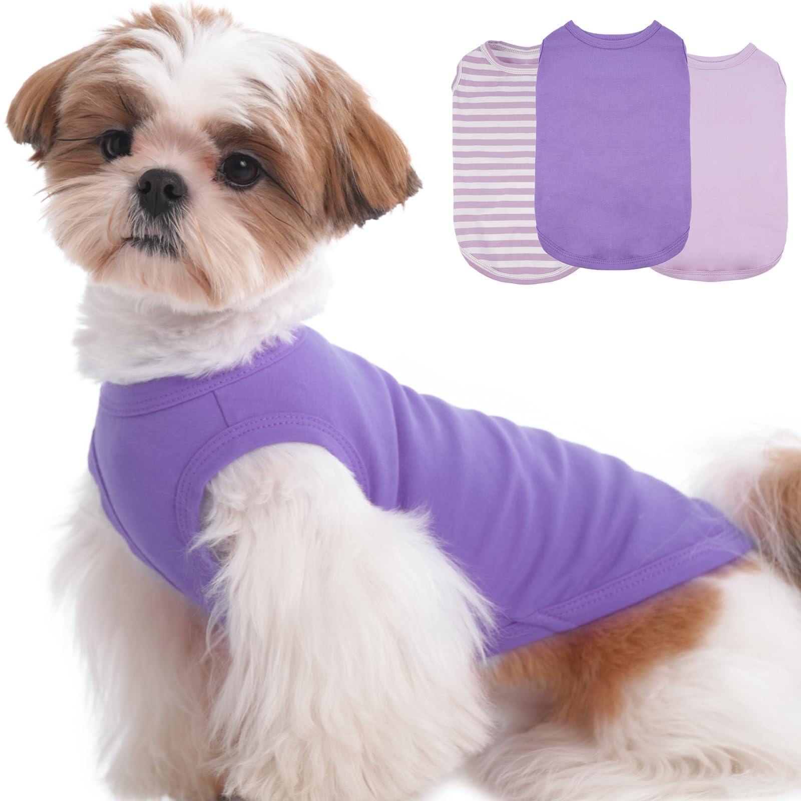 3 Pack Purple Striped Dog T-Shirt For Small Dogs,Sleeveless Shirts Set For Spring,Summer Sun Insect Protection,Lightweight For P