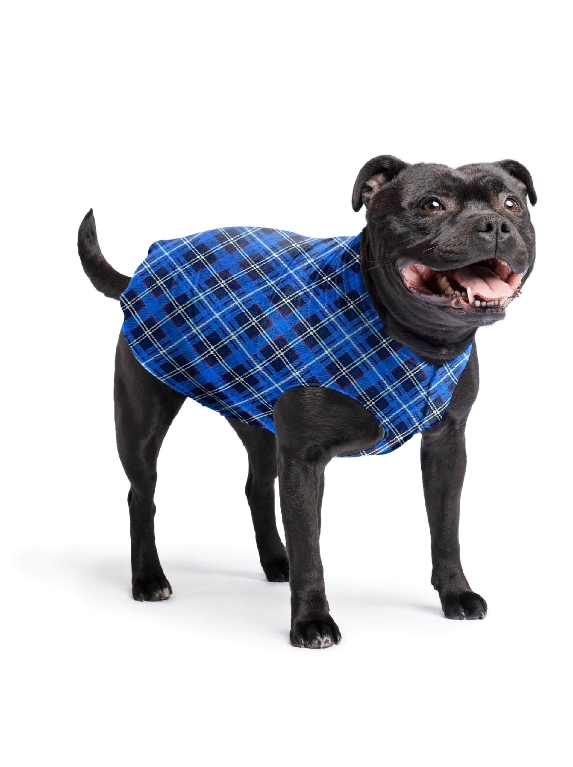 Gold Paw Stretch Fleece Dog Coat, Stretchy Pet Sweater, Machine Washable Pullover For Winter And Fall, Blue Plaid, 16