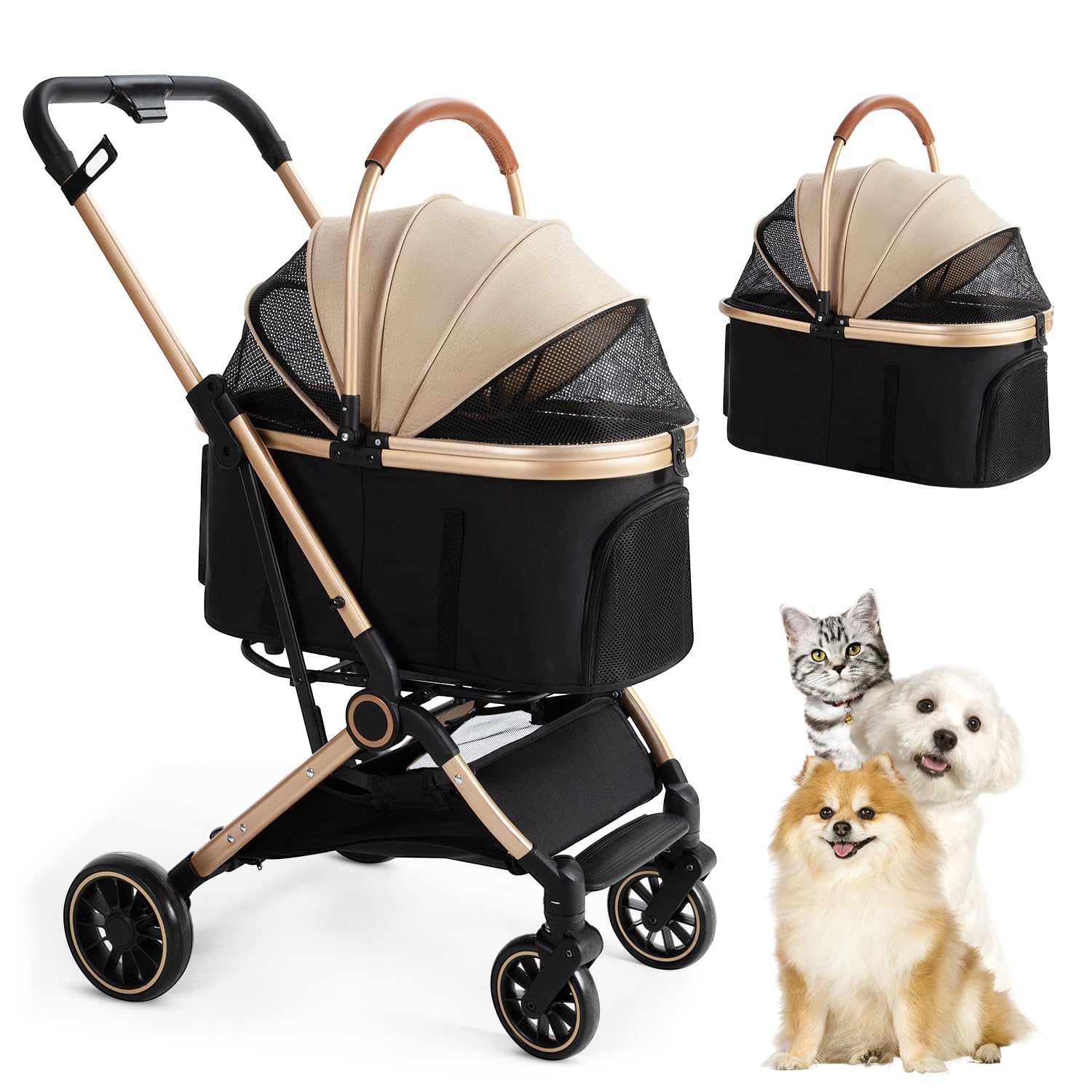 3 In 1 Pet Stroller With 4 Wheels, Foldable Pet Travel Carrier For Small/Medium Dogs Cats Up To 50Lbs, Detachble Portable Pet Ba