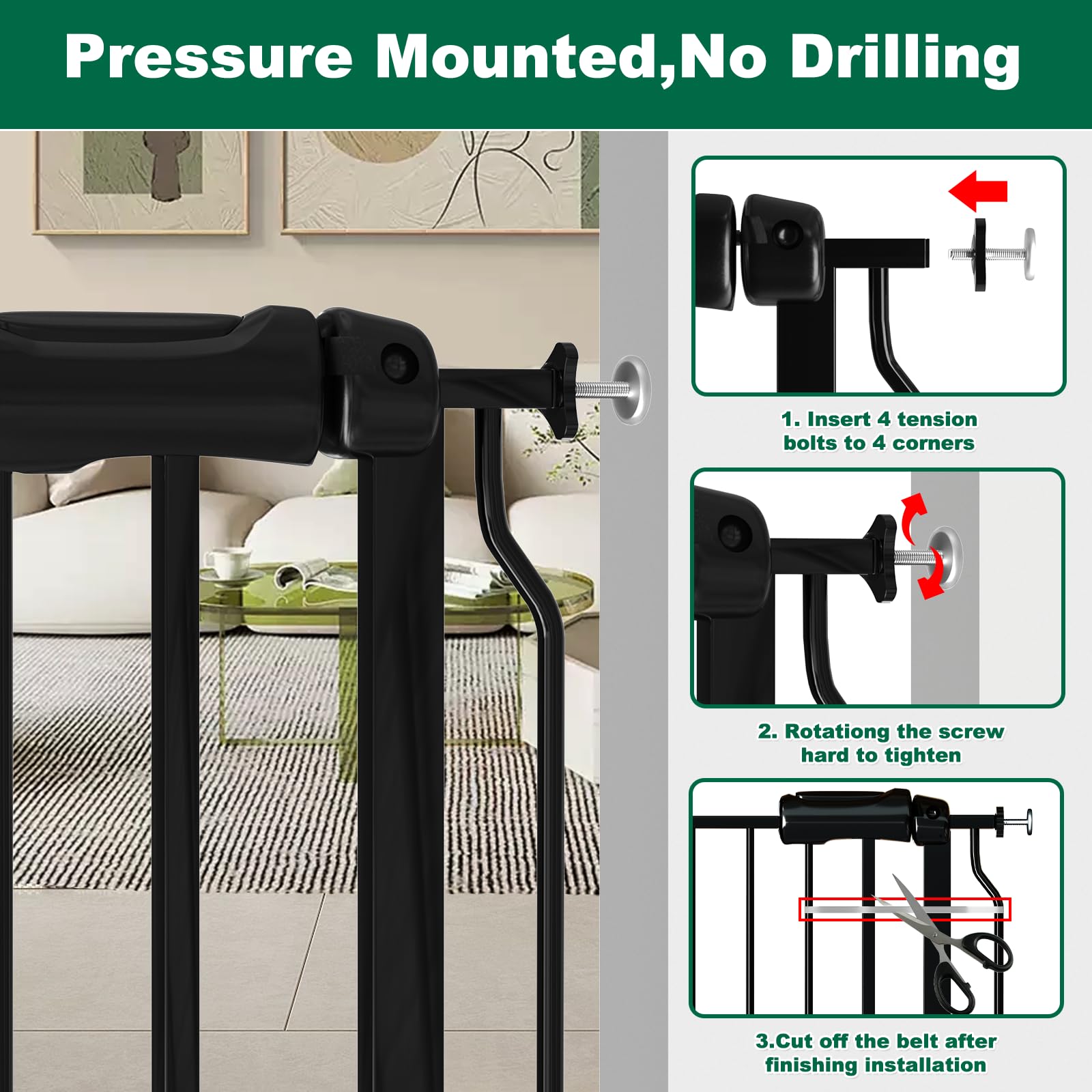 Extra Wide Baby Gate Black 48-53 Inch Wide, Walk Through Pressure Mounted No Drill, Long And Large Tension Gate For Pet And Kids