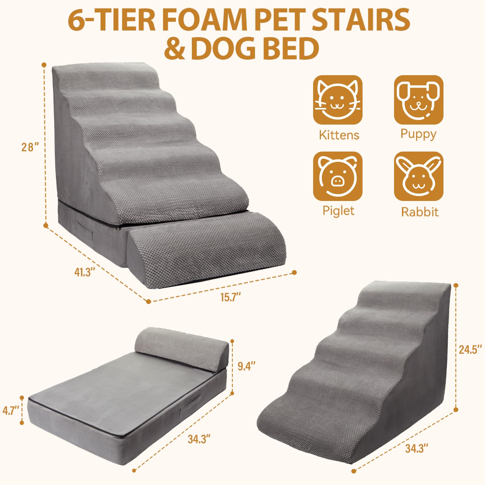 Dog Stairs/Steps For High Beds Up To 30-36 Inches, A.Fati 6 Step Foam Pet Steps For Small Dogs/Old Pets, 30'' H Non-Slip Dog Ram