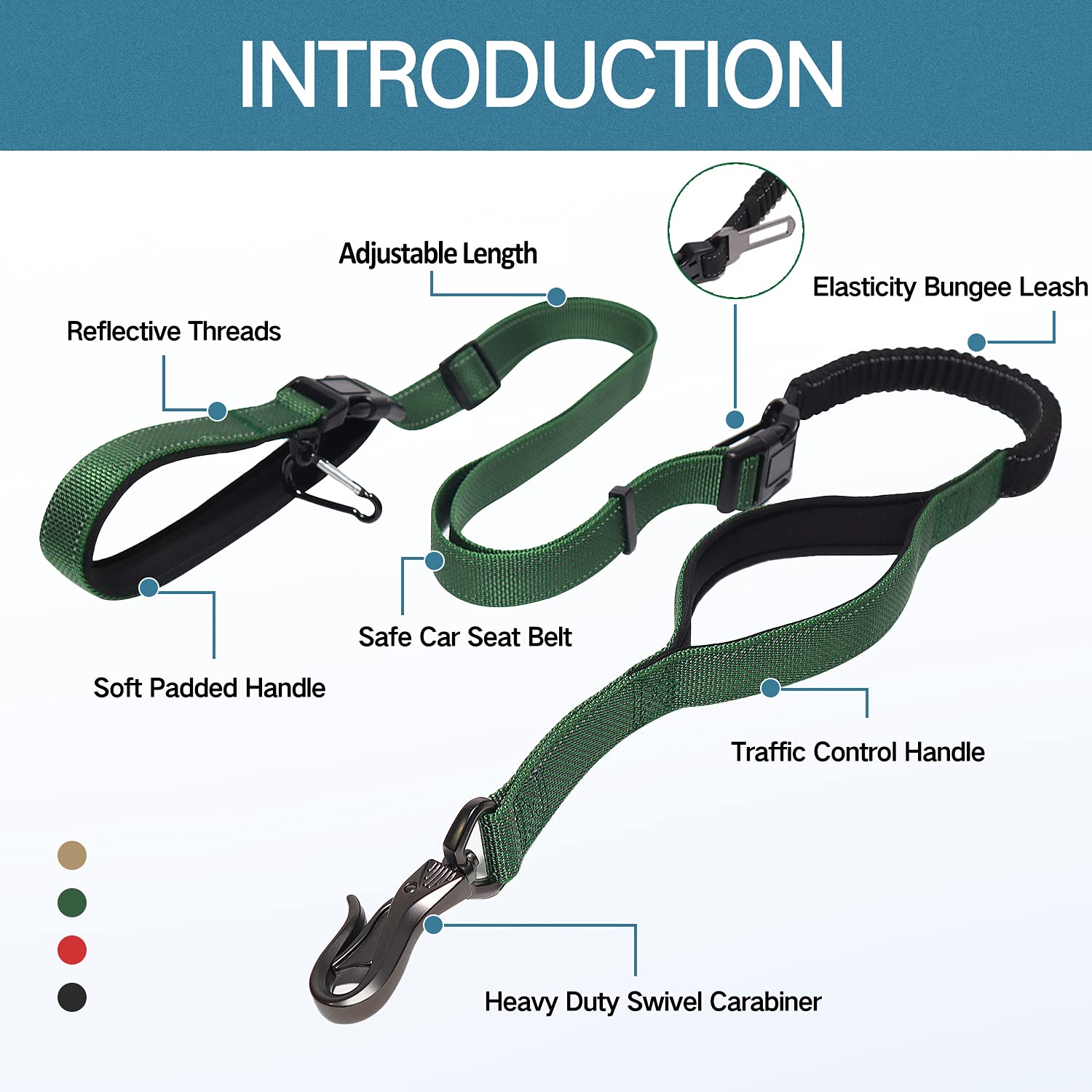 LOS ANDES Heavy Duty Dog Leash, 5-8 FT Walking Leash, Traffic Handle Extra Control, Shock Absorbing Bungee Leash with Car Seat B