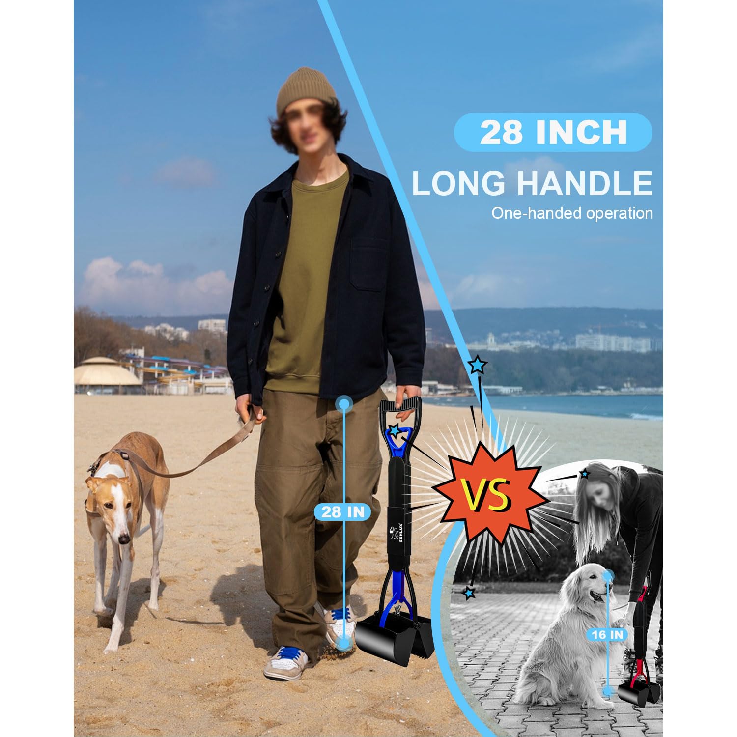 Szhlux 28' Pooper Scooper, Foldable Dog Pooper Scooper With Unbreakable Material And Durable Spring For Grass And Gravel, Blue