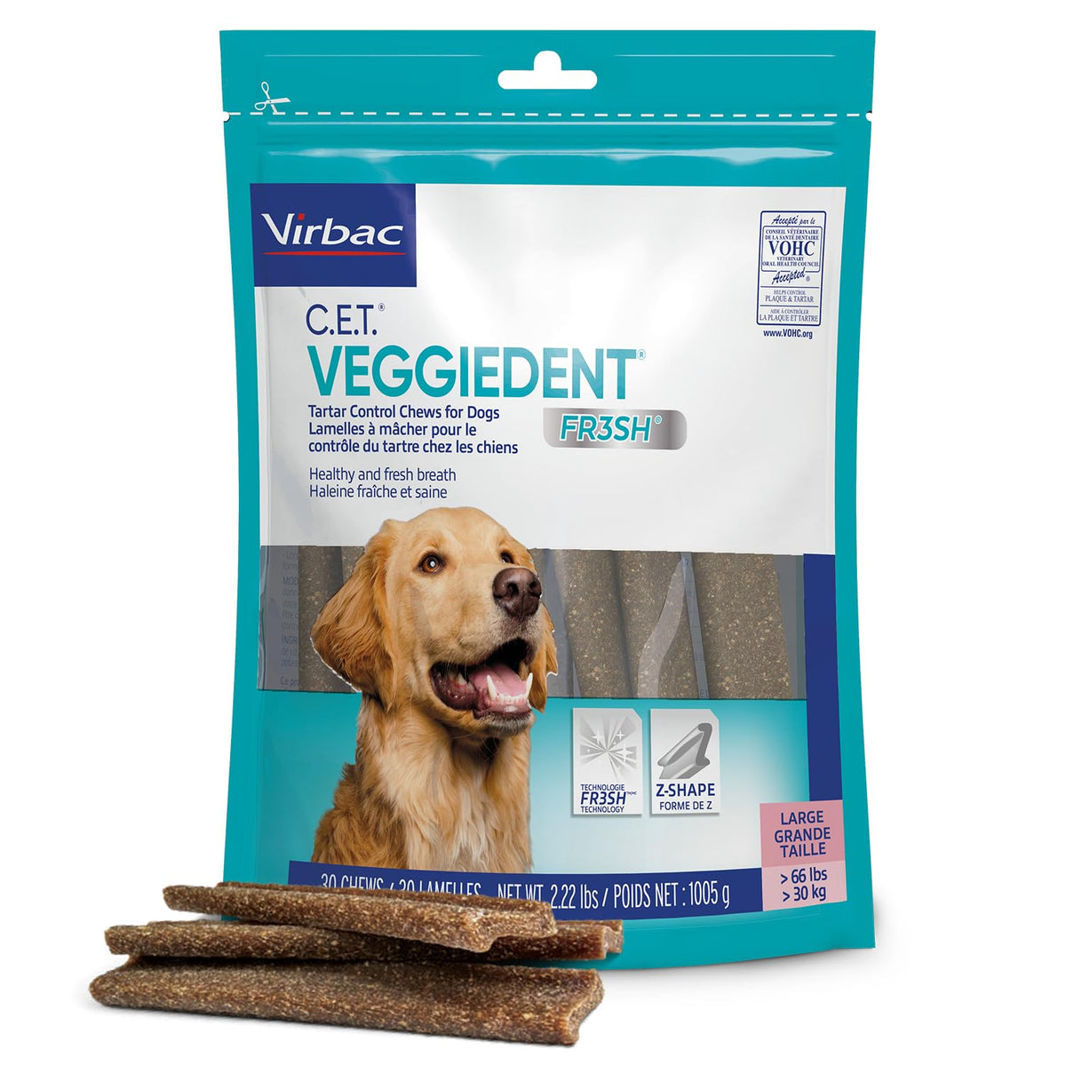 Virbac Cet Veggiedent Fr3Sh Tartar Control Chews For Large Dogs Over 66 Pounds, Plant-Based Formula, 30 Count Bag