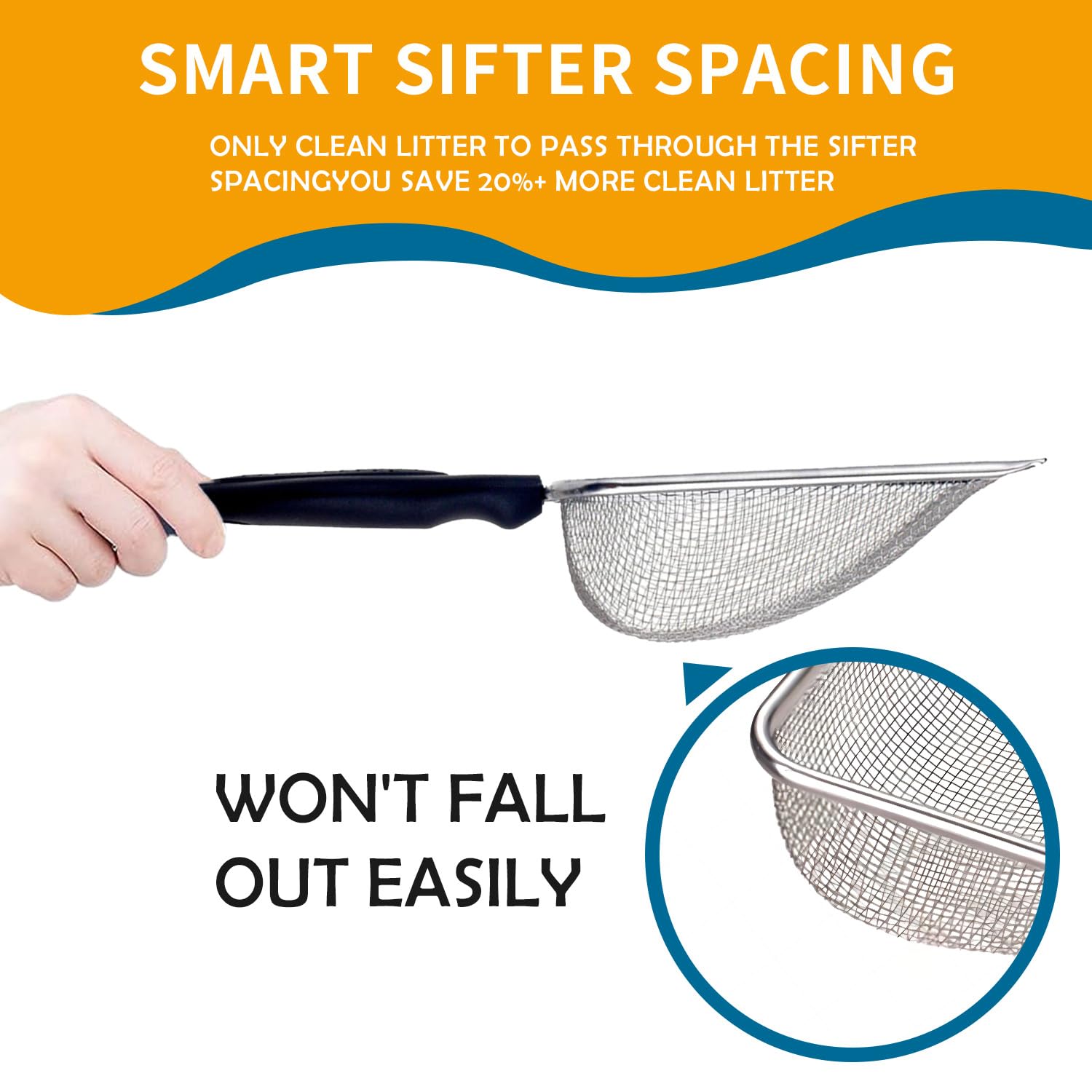 Firsal Cat Litter Scooper With Holder,Sturdy Litter Cleaner Corner Shovel,Stainless Steel Mesh Litter Scoop,Easy To Clean,Non-Sl