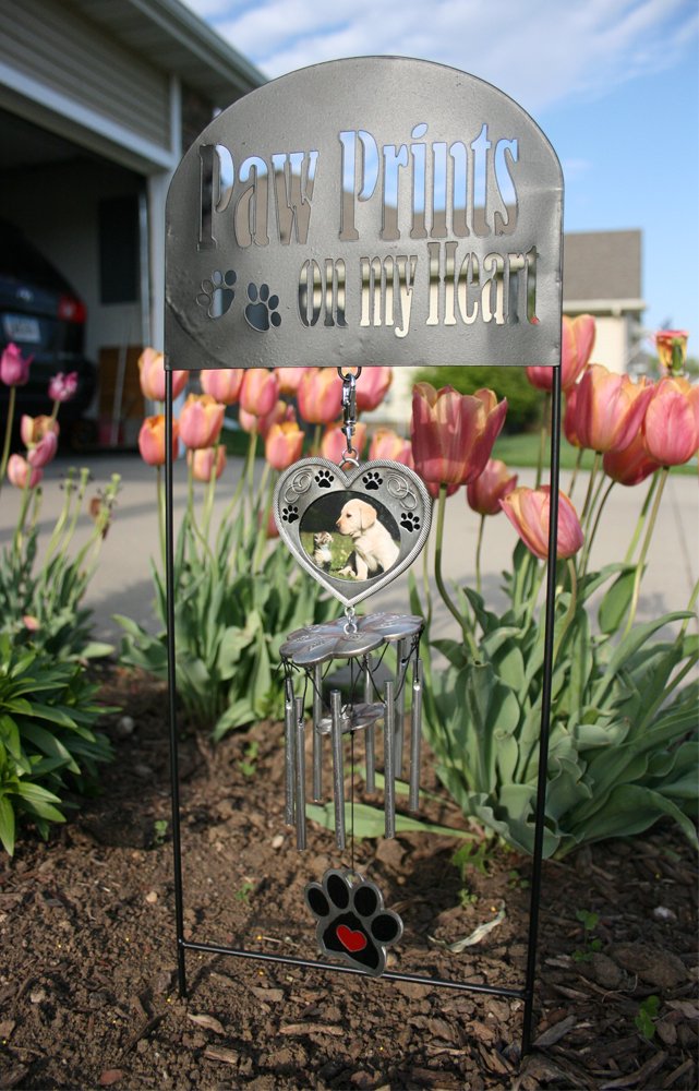 Pet Memorial Marker With Wind Chimes And Photo Frame- Black Wrought Iron Garden Stake And Windchime - Paw Prints On My Heart - Dog Or Cat Memorial Gift - Pet Sympathy Gifts
