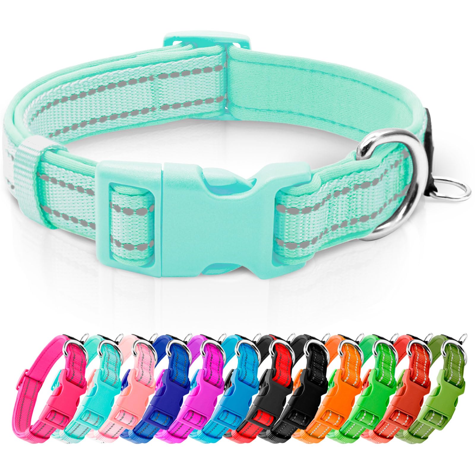 Azuza Reflective Dog Collar,Soft Neoprene Padded Pet Collar With Id Tag Ring,Adjustable For Medium Dogs,Teal,M