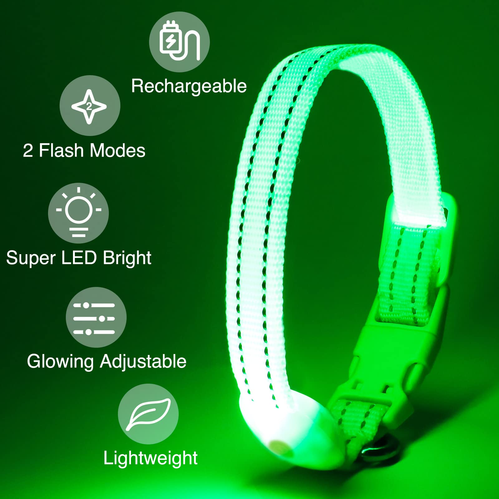 Koskill Light Up Dog Collar At Night, Led Dog Collar Adjustable, Lighted Dog Collar Rechargeable Waterproof, Dog Lights For Night Walking, Glow In The Dark Dog Collars Light For Small Pet (S, Green)