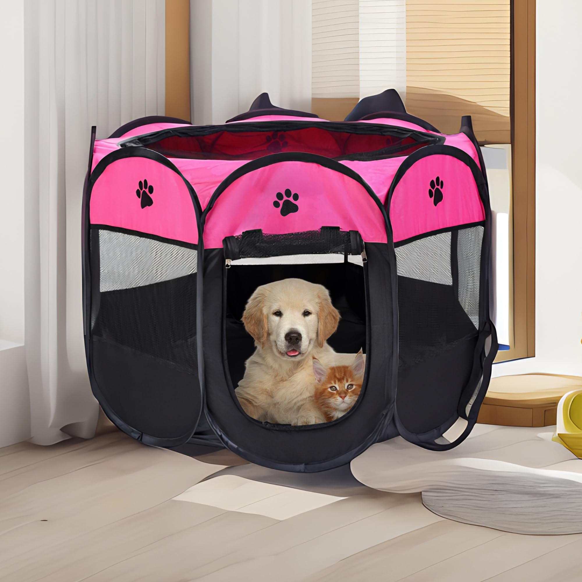 Mile High Life | Foldable Dog Playpen | Portable Dog Crate W Removable Shade Cover | Dog Kennel Indoor/Outdoor W Carry Case | Pen Tent For Dog/Cat/Rabbit(Hot Pink, Medium (36'X36'X23'))