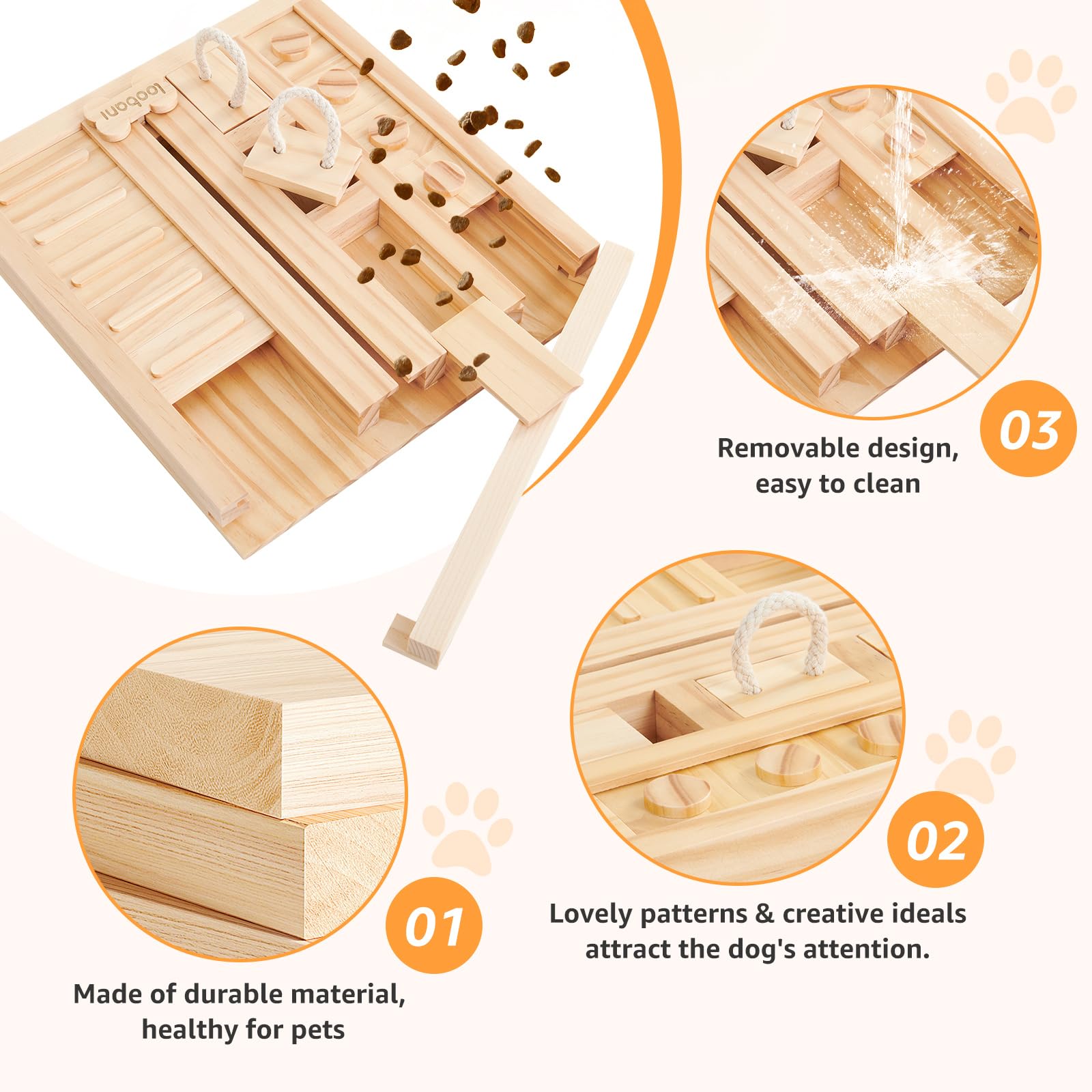 LOOBANI Dog Puzzle Toys - Wooden Interactive Slow Feeder, L-Square Slide Puzzle for Small to Large Dogs, Model OL-LB-FiveOne-CC