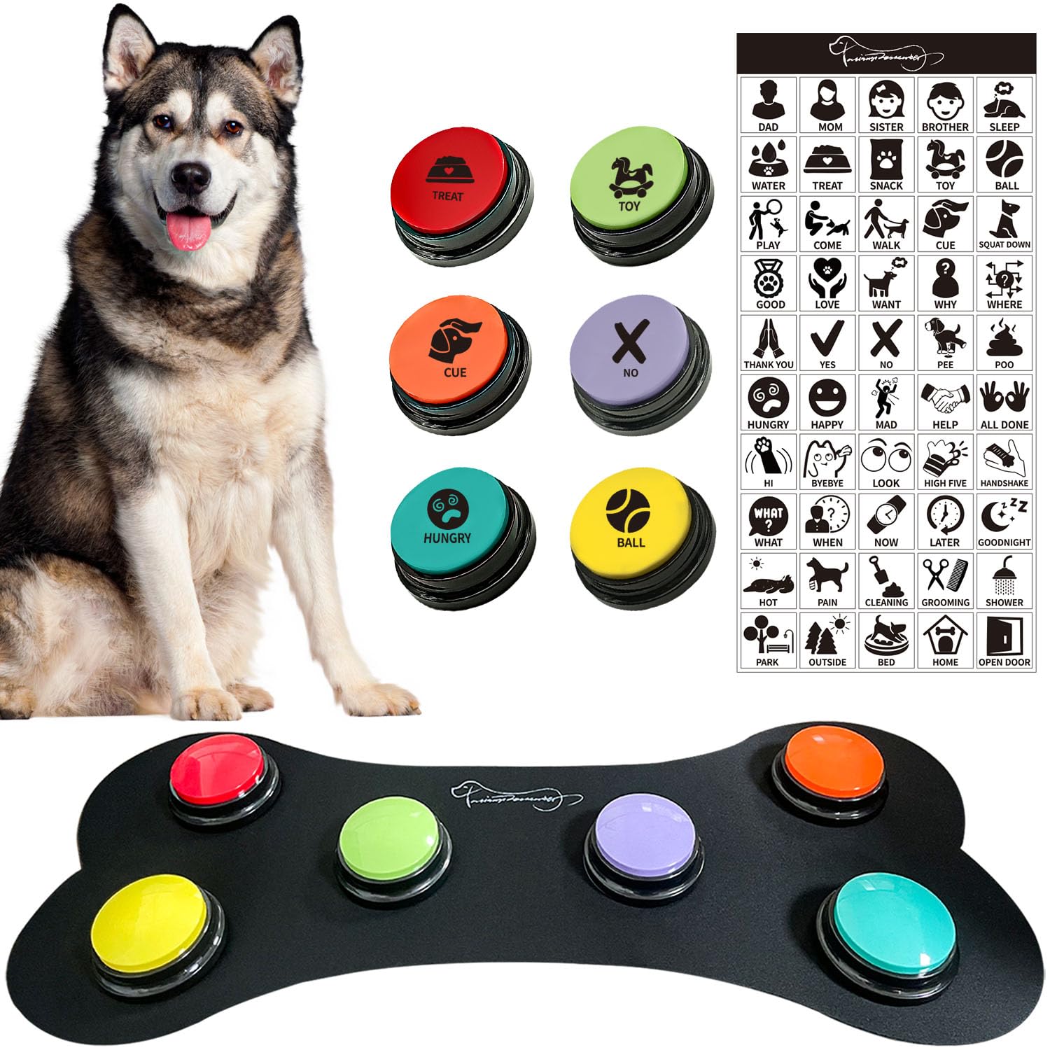 RIBOSY Dog Speech Training Buzzer Set, 6 Recordable Buttons with Non-Slip Rubber Mat and 50 Stickers - Record& Playback Your Own