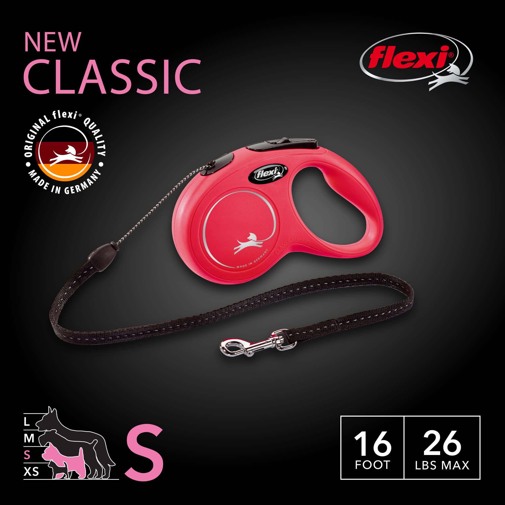 FLEXI Retractable Dog Leash for Small Dogs, 16 ft Cord, Red, One-Handed Brake, Model CL10C5.250.R.20