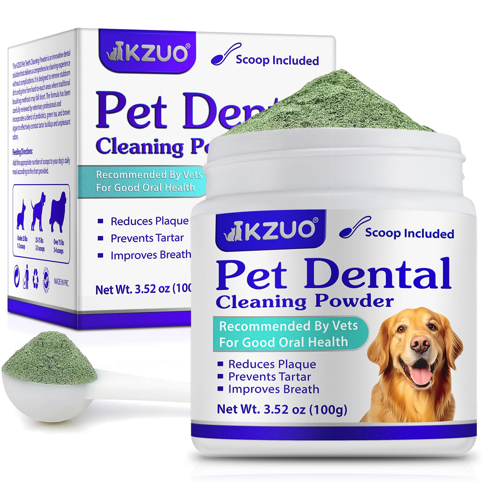 KZUO Dog Dental Powder - Dog Teeth Cleaning Powder - Tartar & Plaque Reducer - Bad Breath Solution - Easy Teeth Cleaning for Sma
