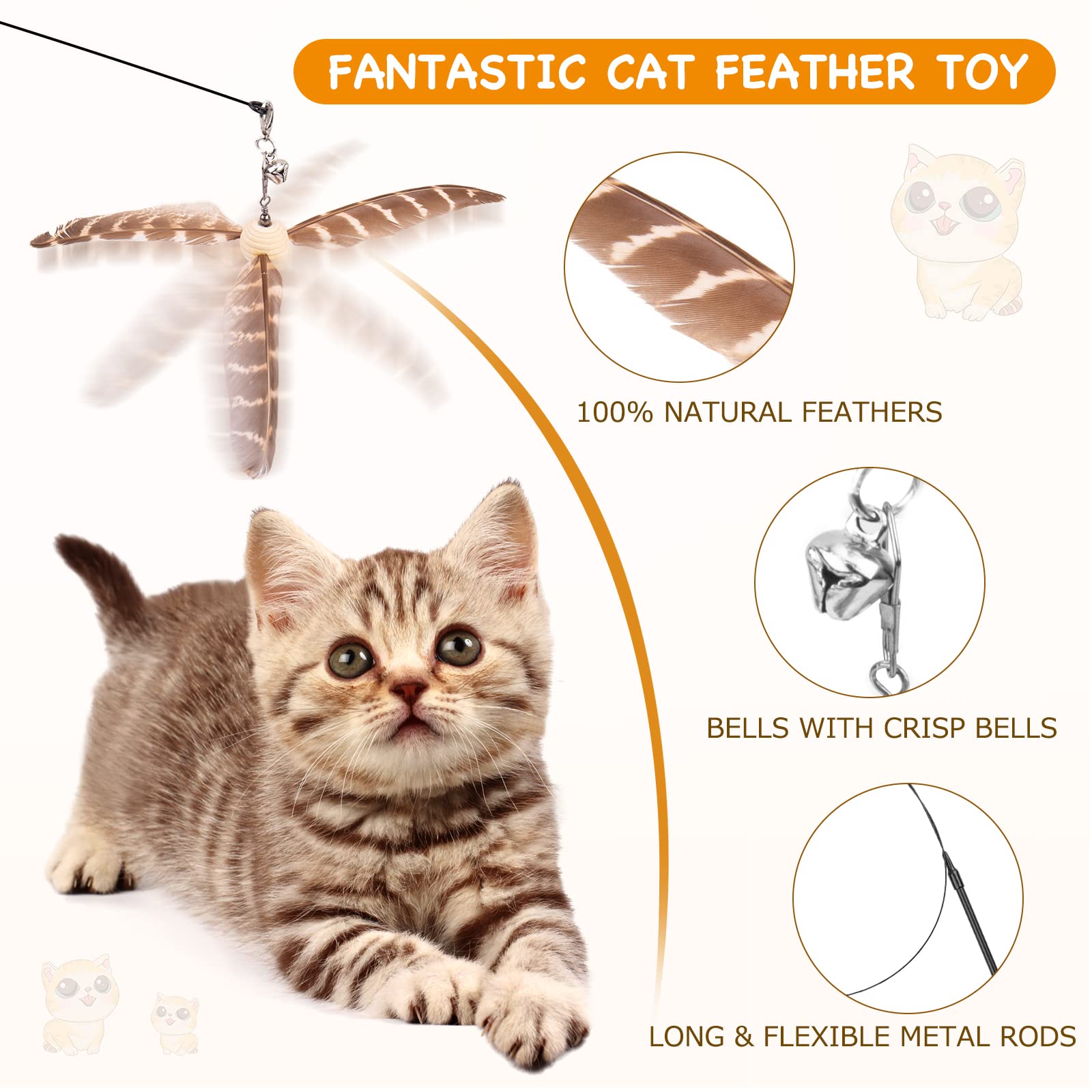 Hosfroll Cat Toys Wand, Interactive Cat Toy With Super Suction Cup Sticky Detachable 12 Pcs Feather Replacements 2 Wands Cat Spring Feather Toys For Indoor Cats Kitten Toys (8 Toys Double Headed)