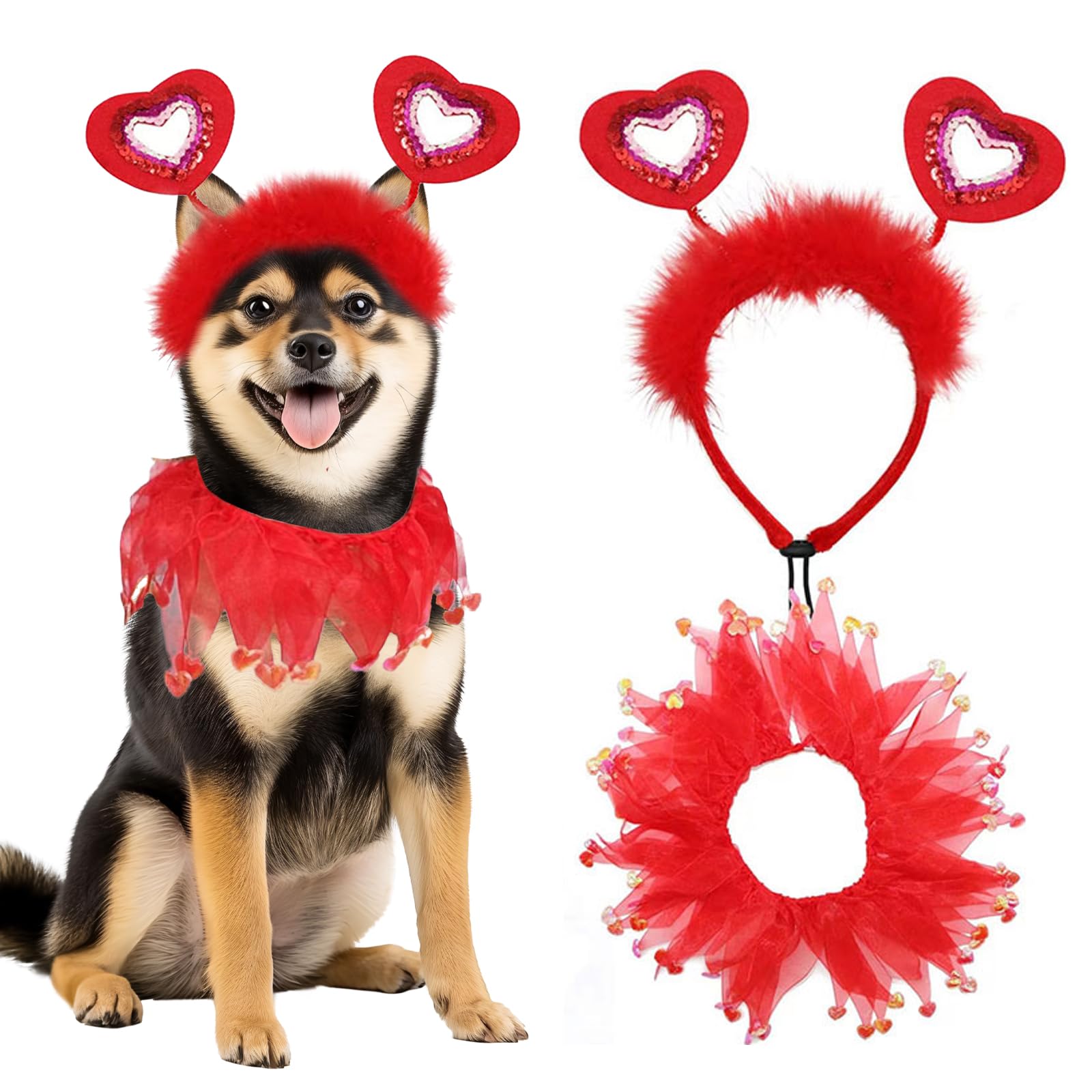 Dog Day Outfit, Red Glitter Heart Dog Headband And Tutu Collar Costume Set, Valentines Party Accessories For Small Medium Large 