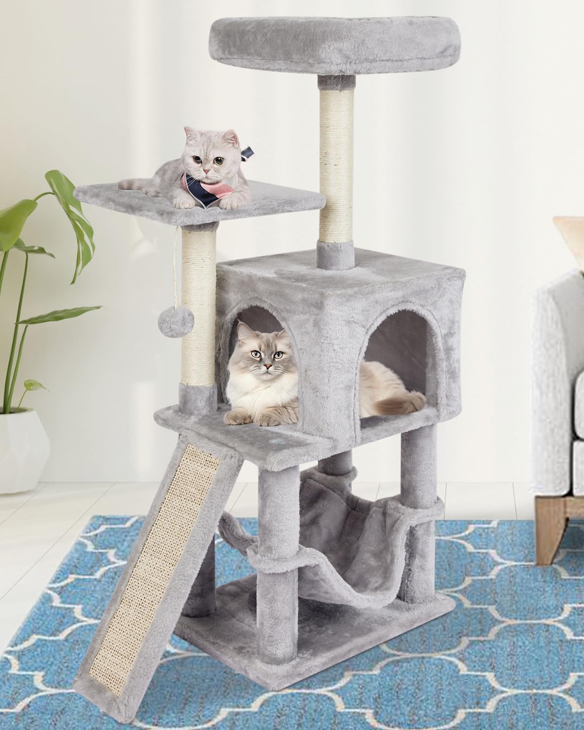 Miao Paw Grey Cute Cat Tree For Indoor Cat Tower With Scratching Post Modern Activity House Hammock Hanging Ball Condo With Boar